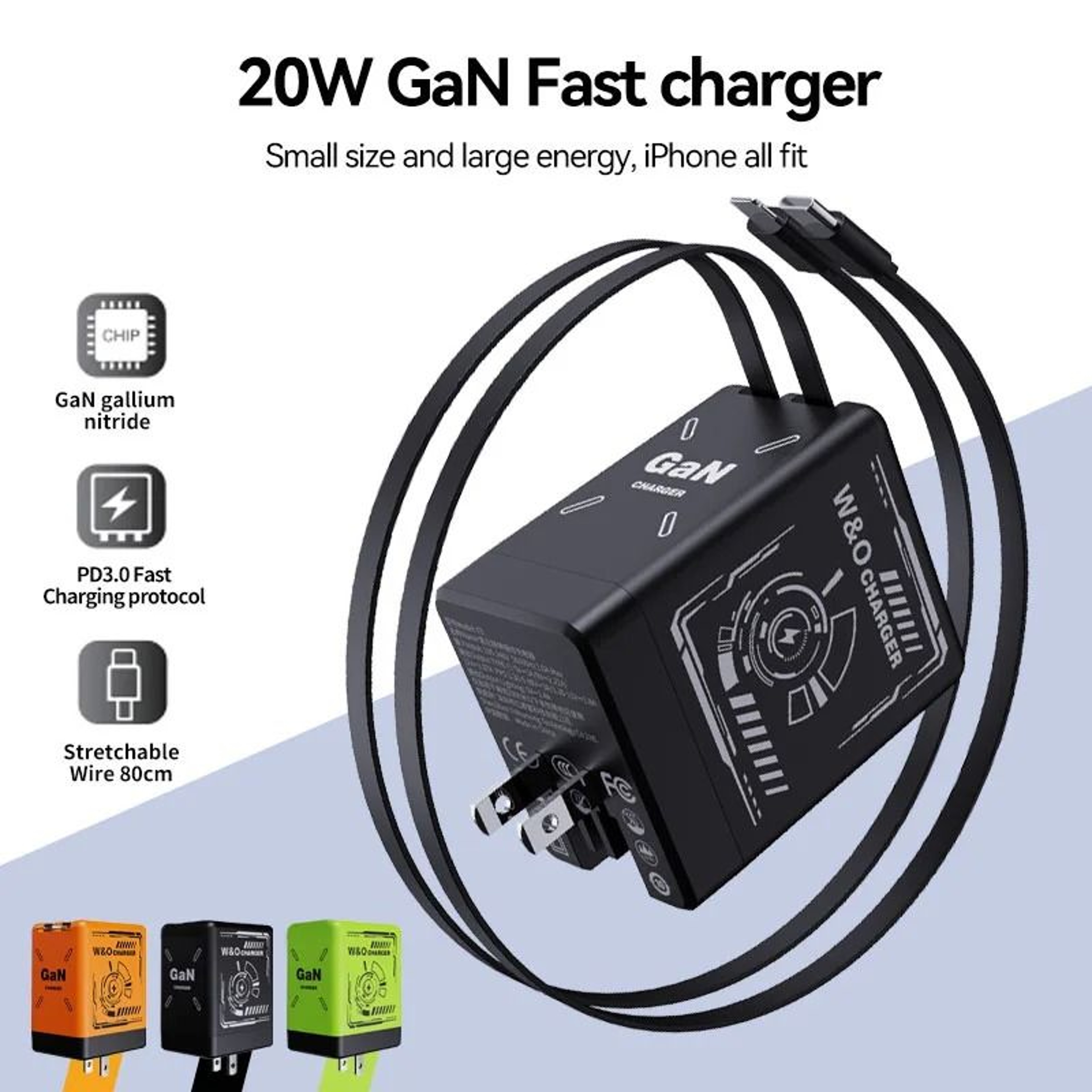 20W GaN Retractable Fast Charger  Dual TypeC  IOS Interface  Executive Compact Portable Charging St 2