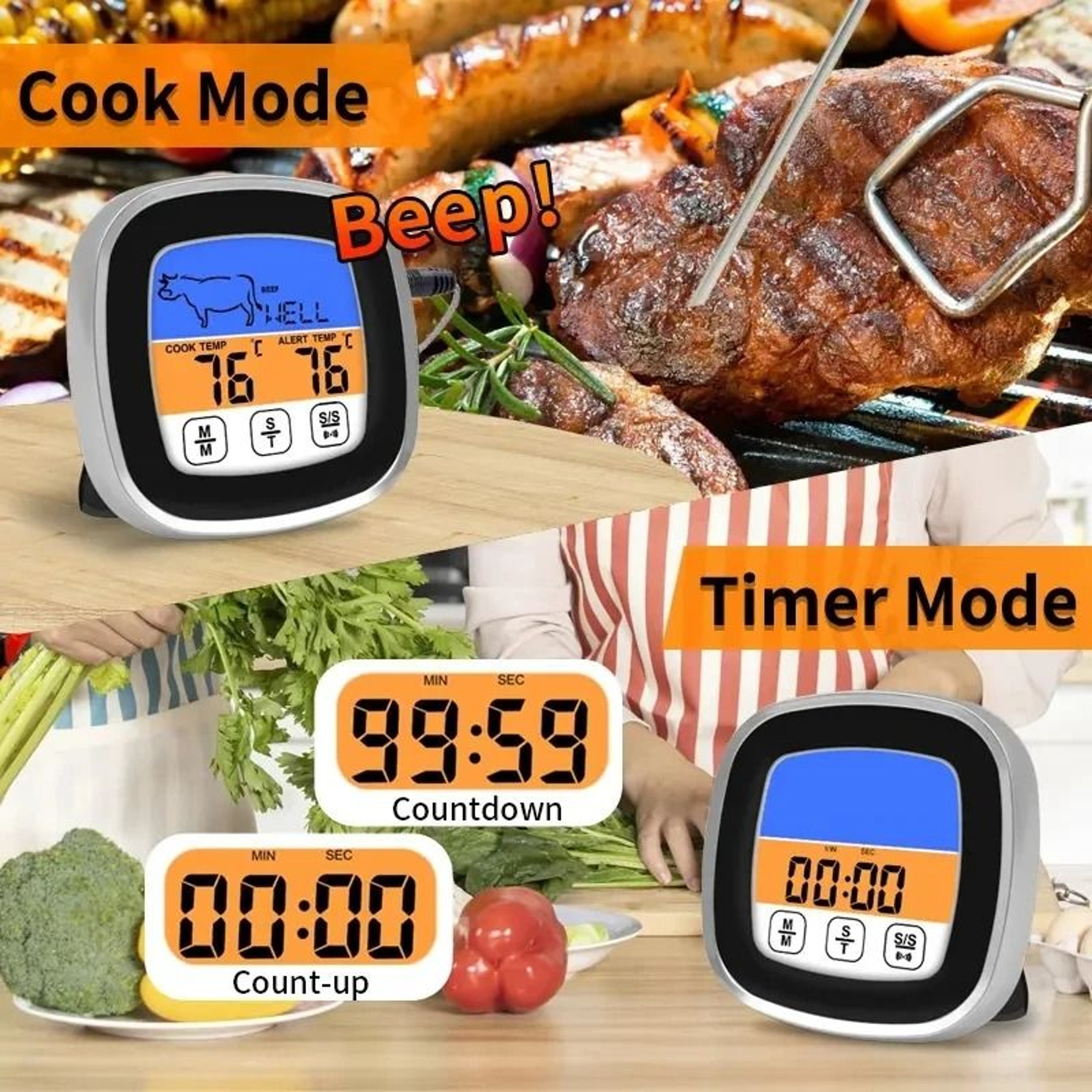 Touchscreen LCD Digital Meat Thermometer  Precision Probe  Timer Mode  Executive Culinary Command S 5