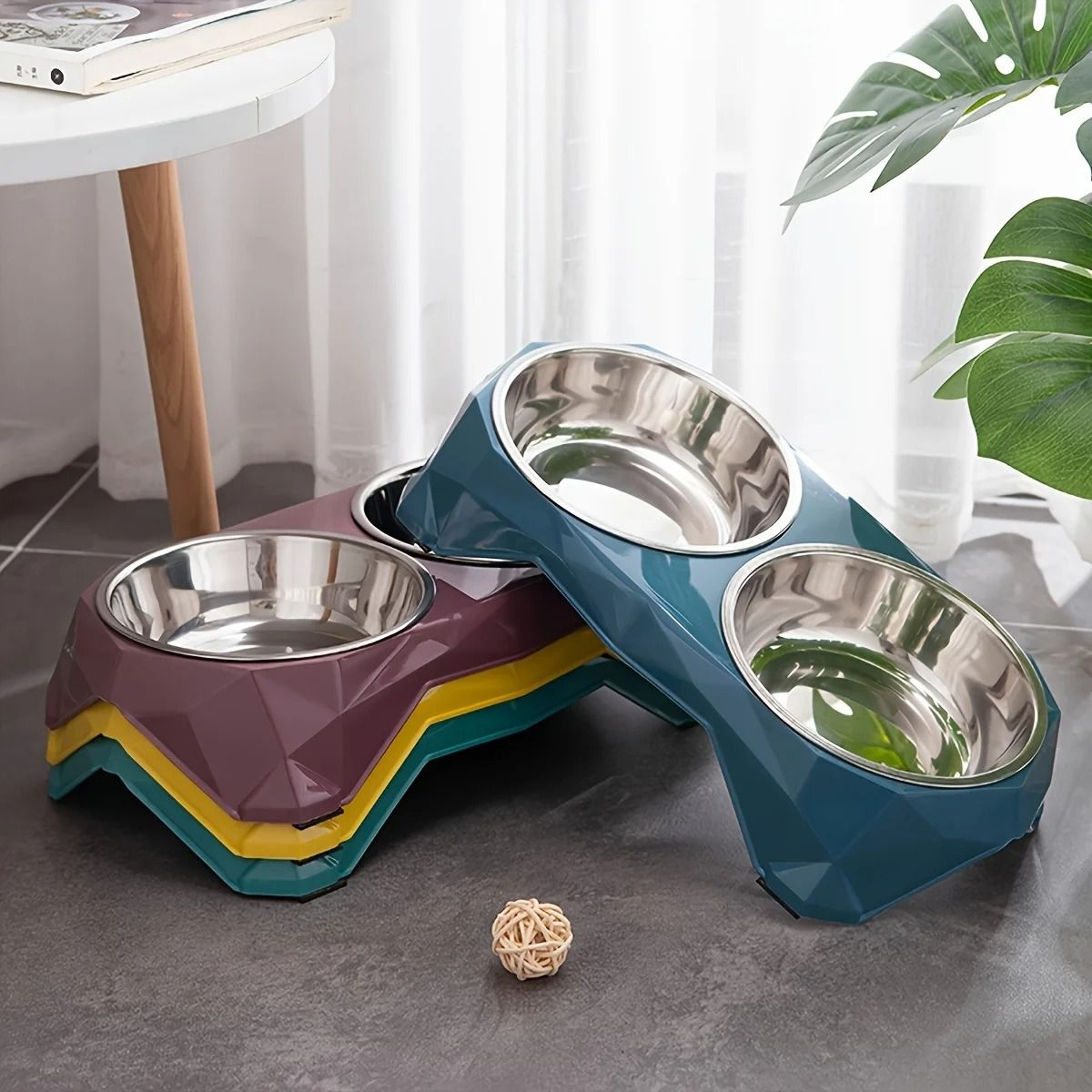 Diamond Pattern Stainless Steel Double Pet Bowl 0