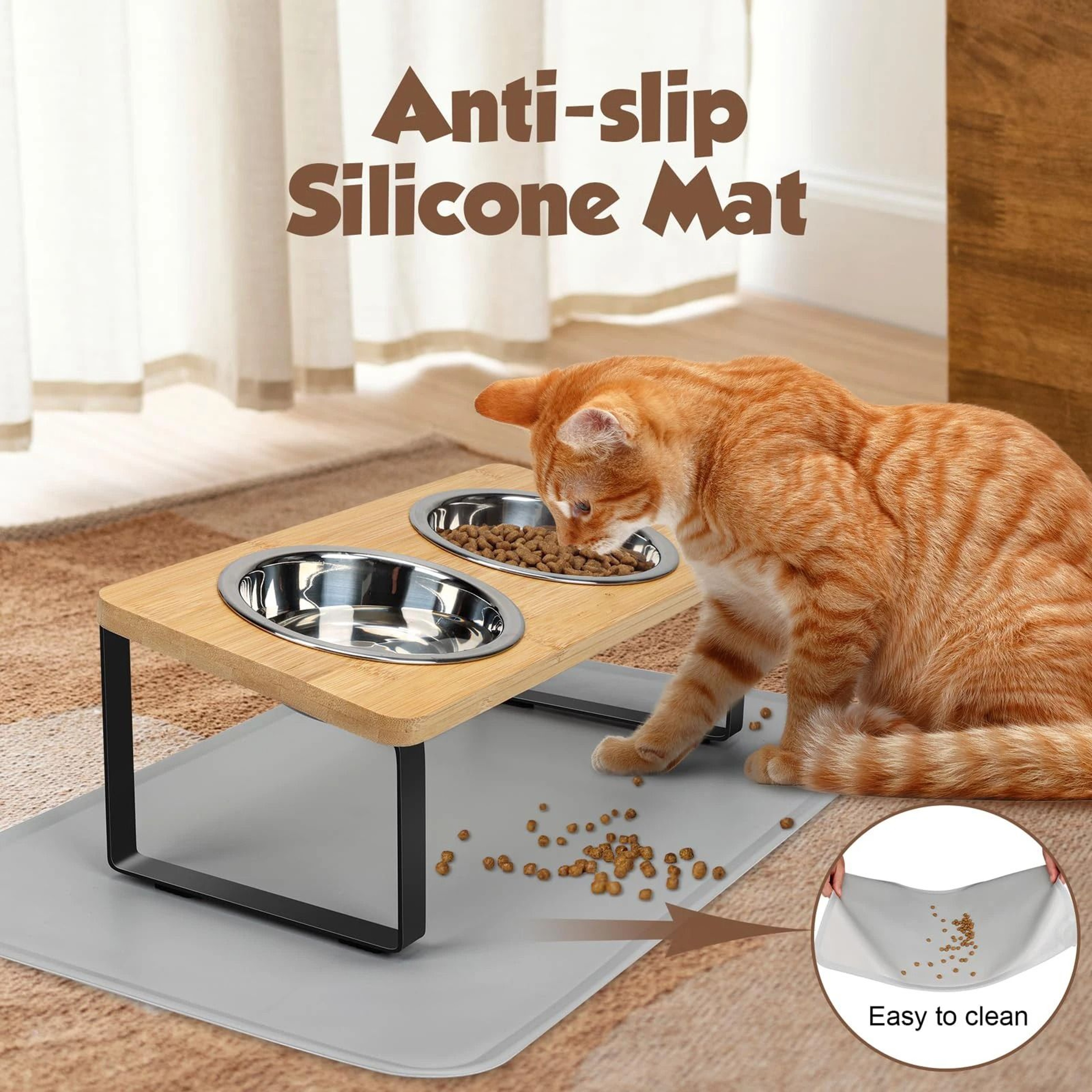 Ergonomic Bamboo Elevated Feeder With Spill Mat 1