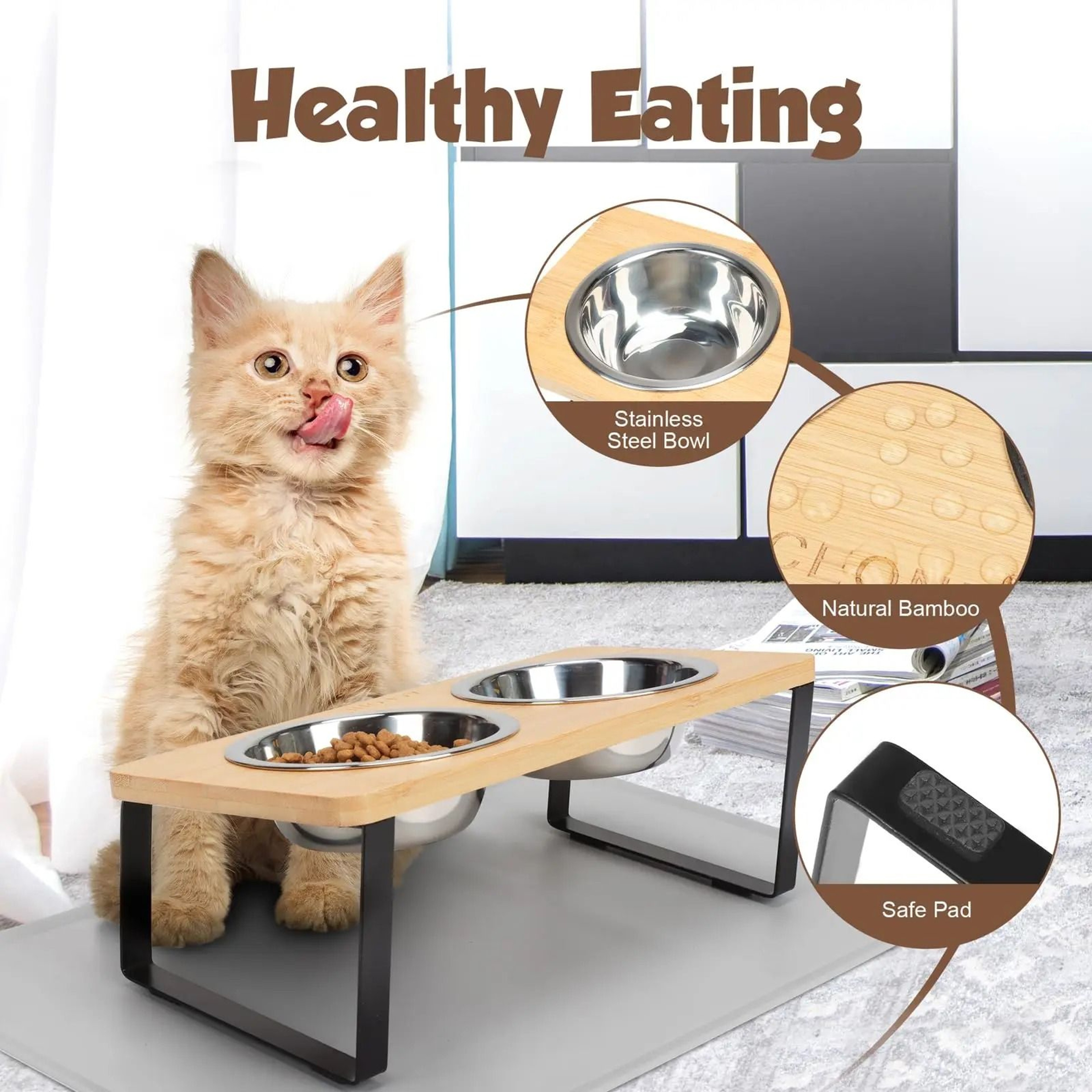 Ergonomic Bamboo Elevated Feeder With Spill Mat 4