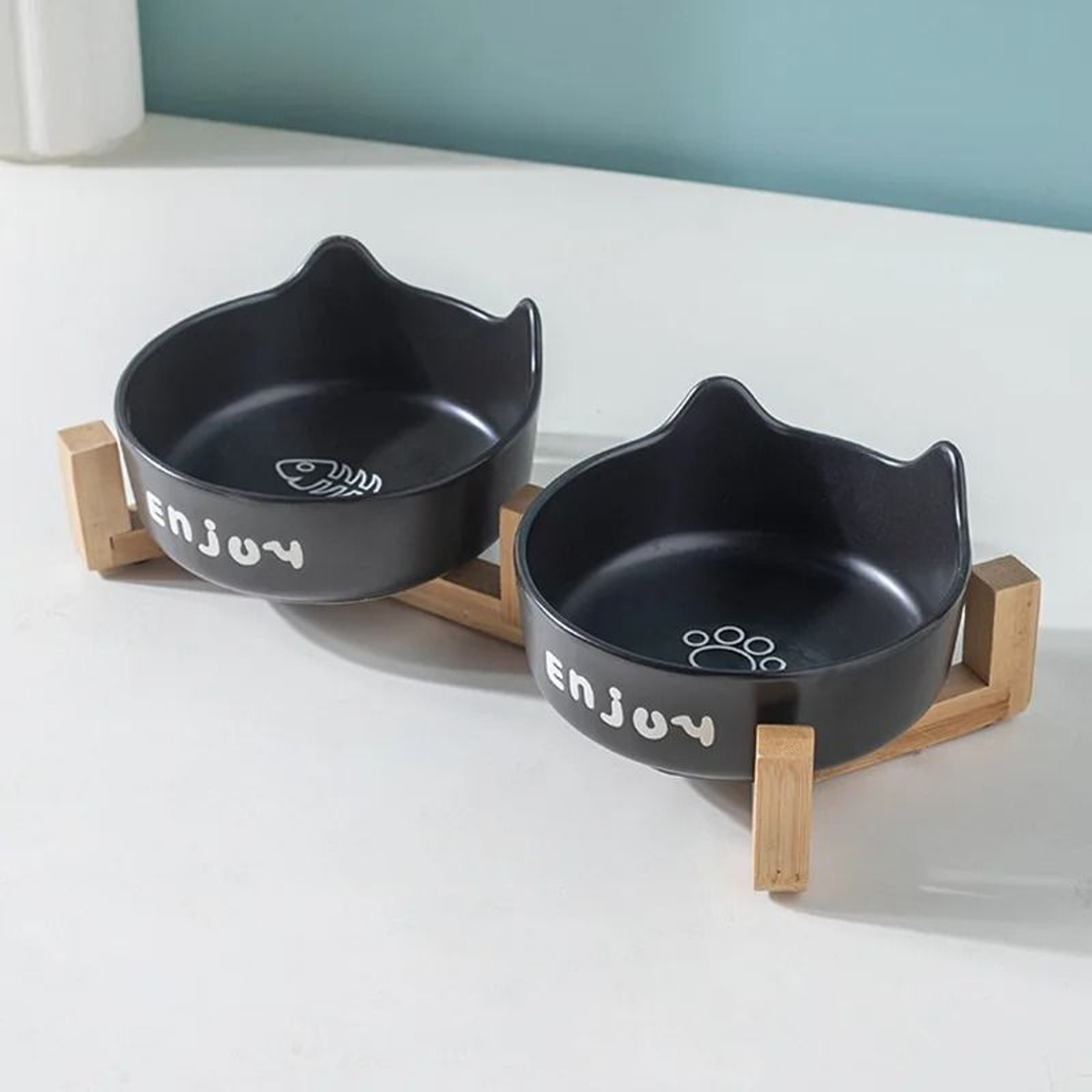 Ceramic Double Bowl Set With Wood Stand 6