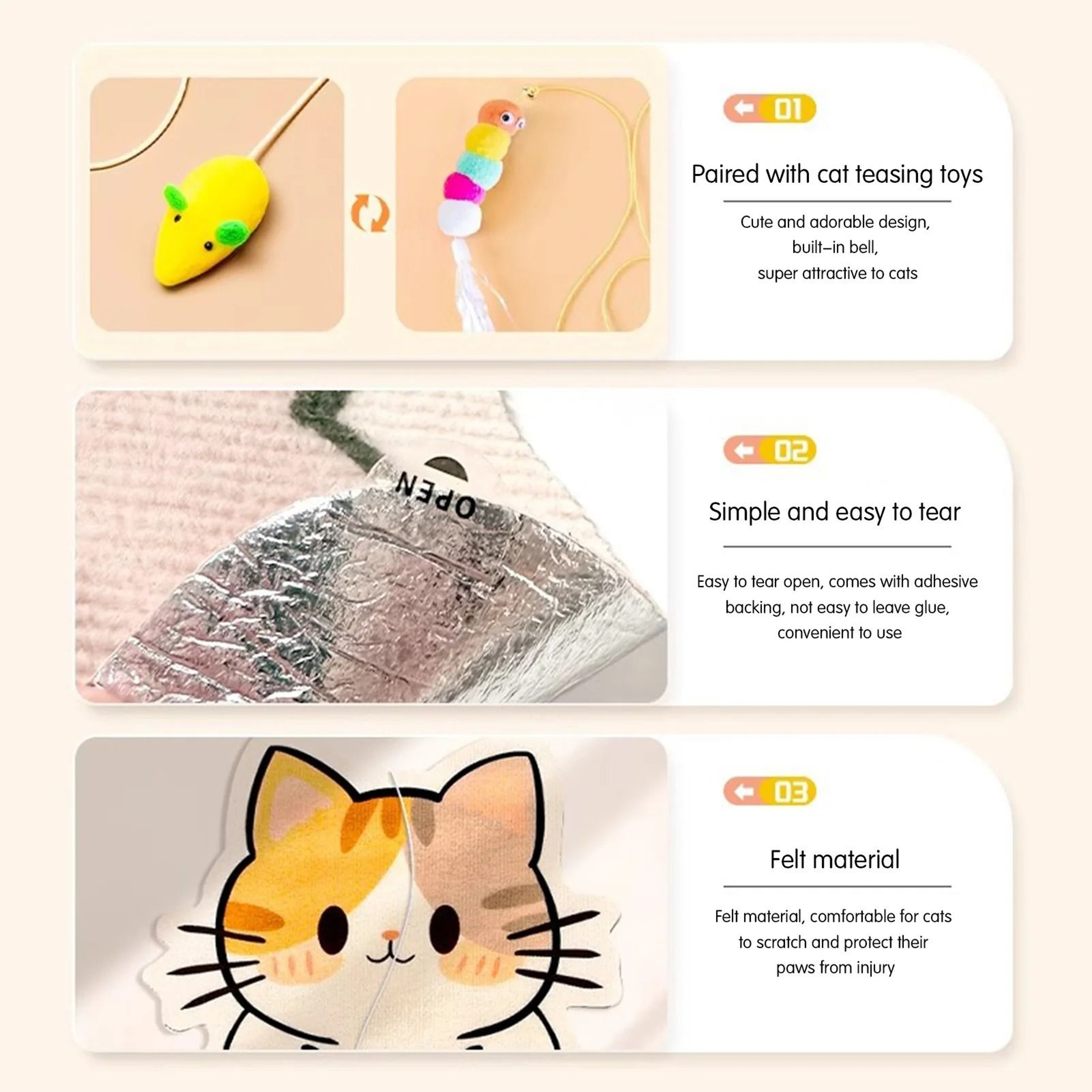 SelfAdhesive WallMounted Felt Cat Scratcher Mat With Toy 4