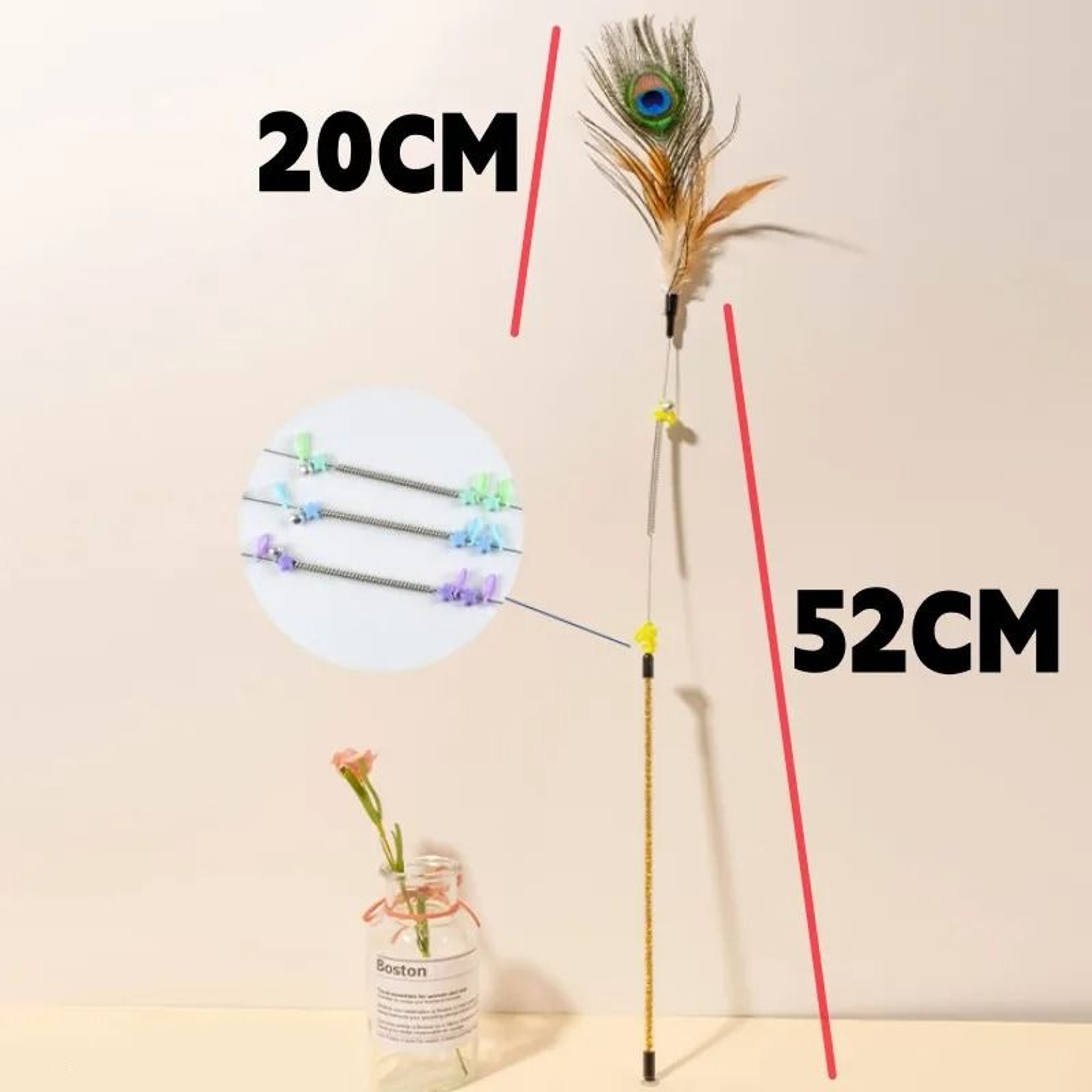 Product Name Interactive Peacock Feather Cat Teaser Stick With Resilient Spring Steel Wire Handle 8