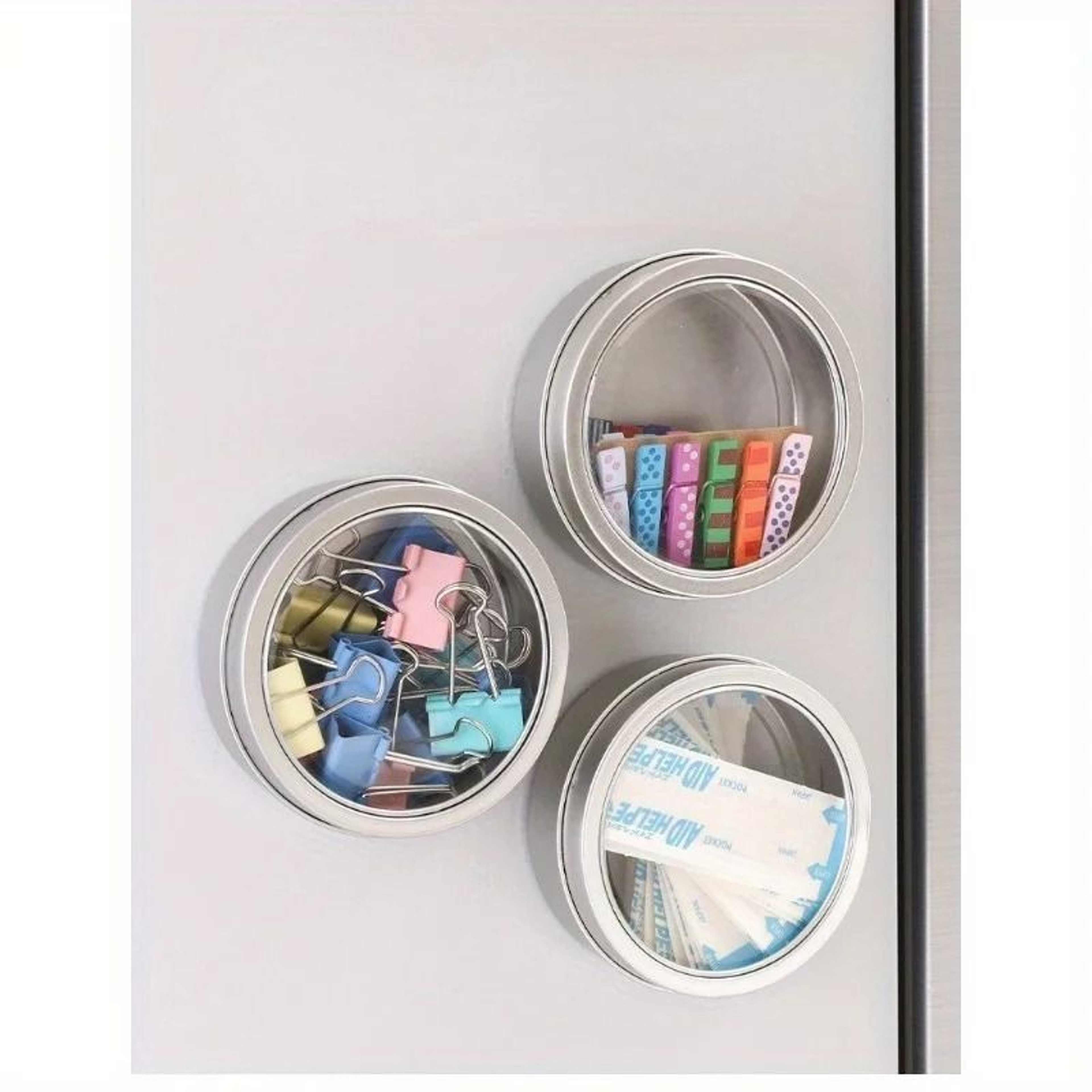 Magnetic Fridge Organizer Round Tin Box  Transparent Cover Spice  Home Office Storage Container 4