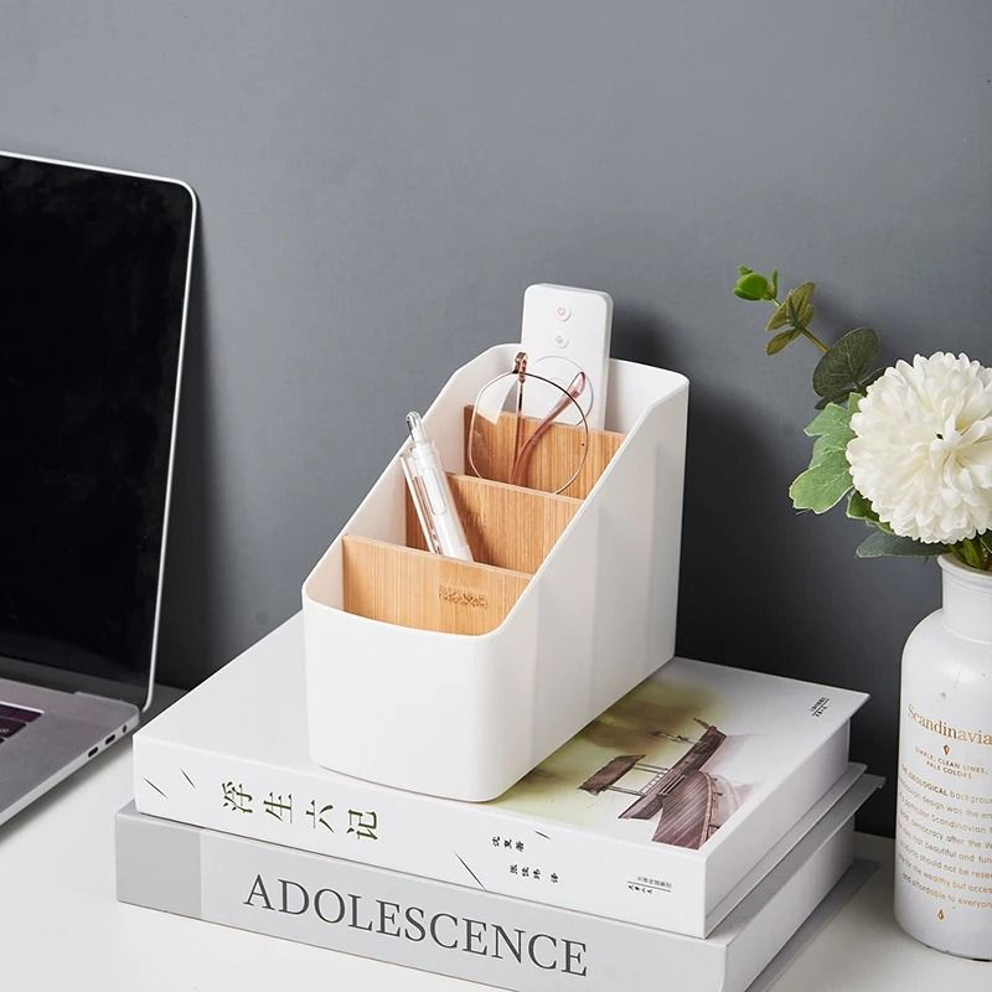 MultiFunctional Tabletop Remote Control Holder  4Compartment Desktop Storage Box  Organizer 4