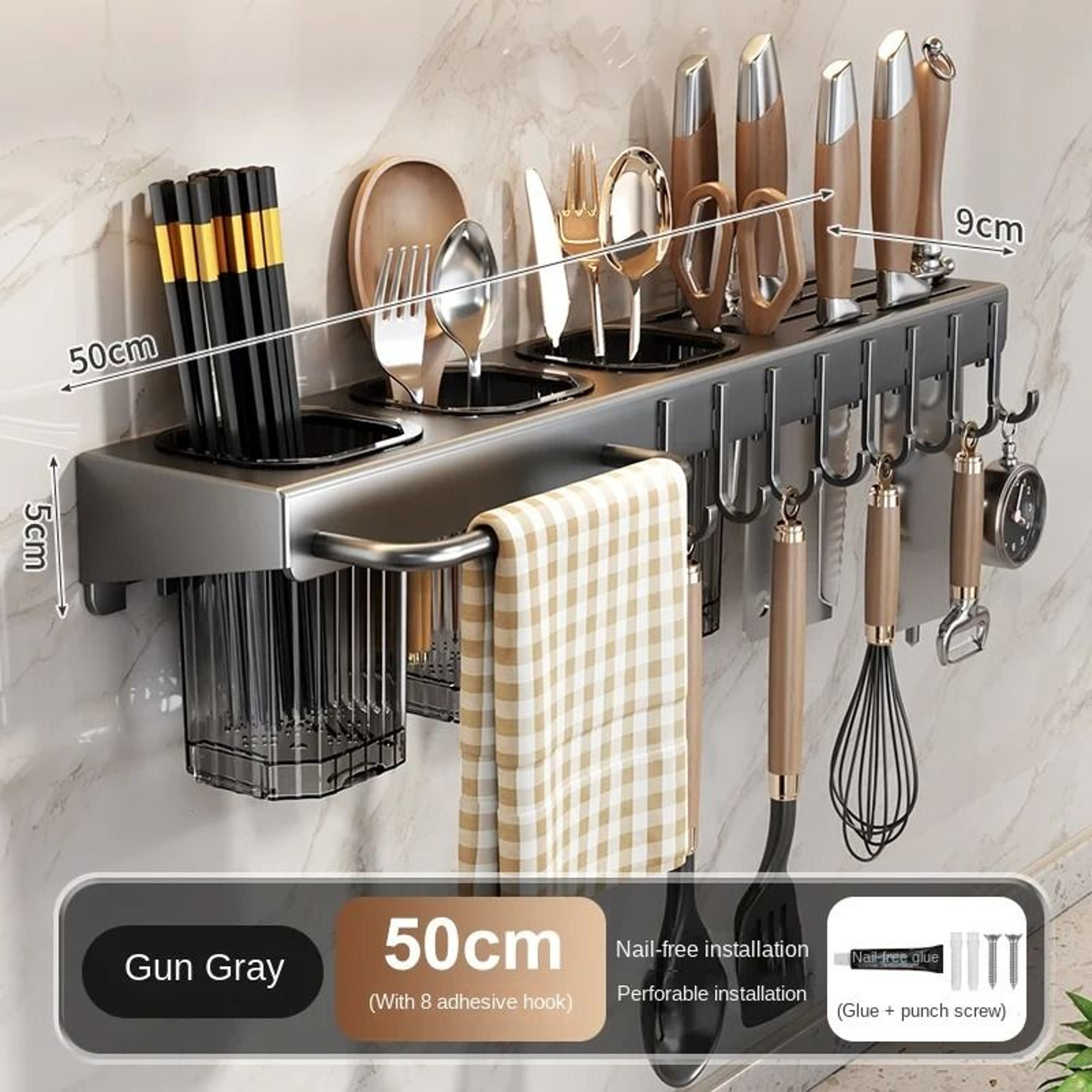 WallMounted Multifunctional Kitchen Knife Rack  Integrated Utensil Holder  Chopstick Tube 6