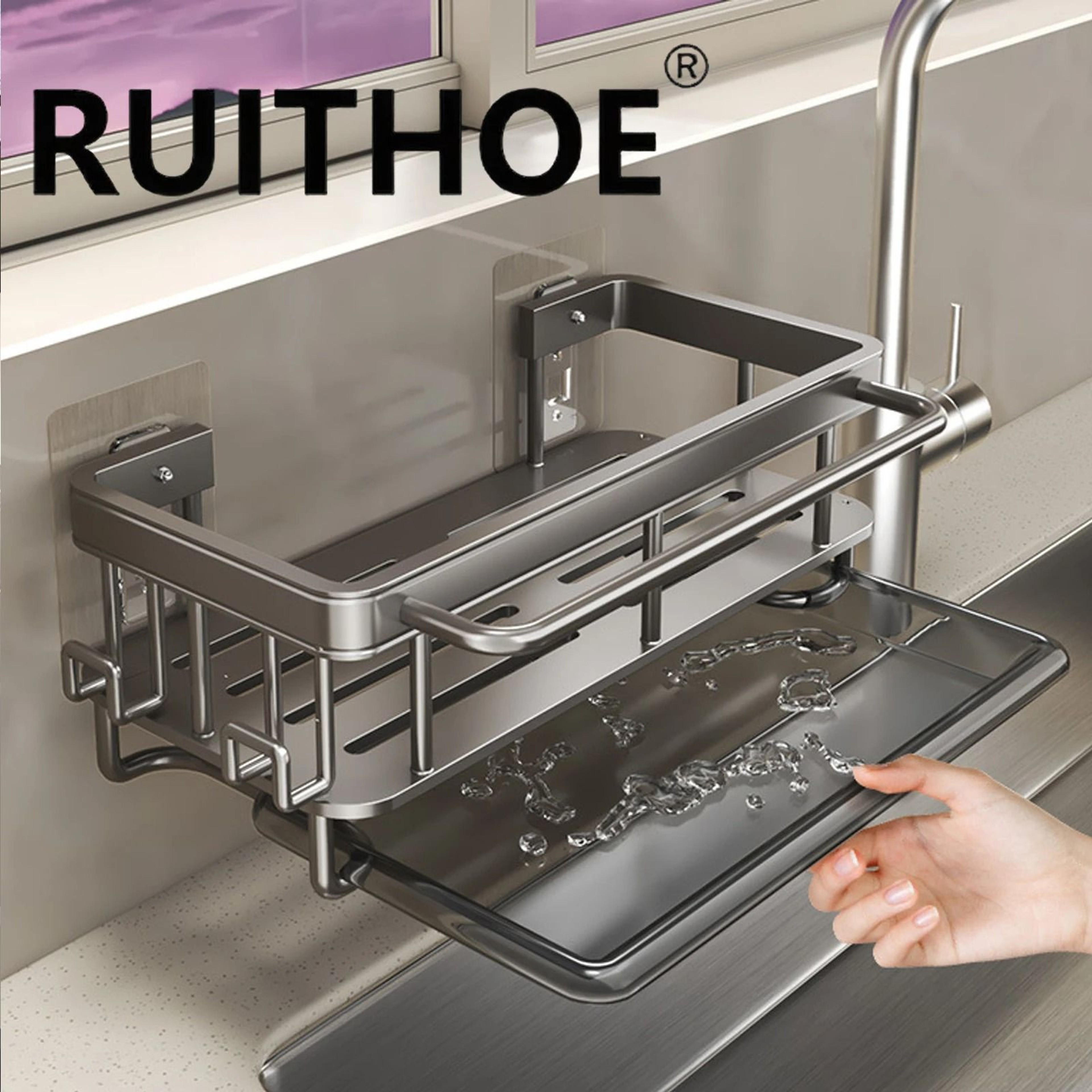 Premium Aluminum Kitchen Sink Drain Rack  Multifunctional Soap  Sponge Holder With Drip Tray 0
