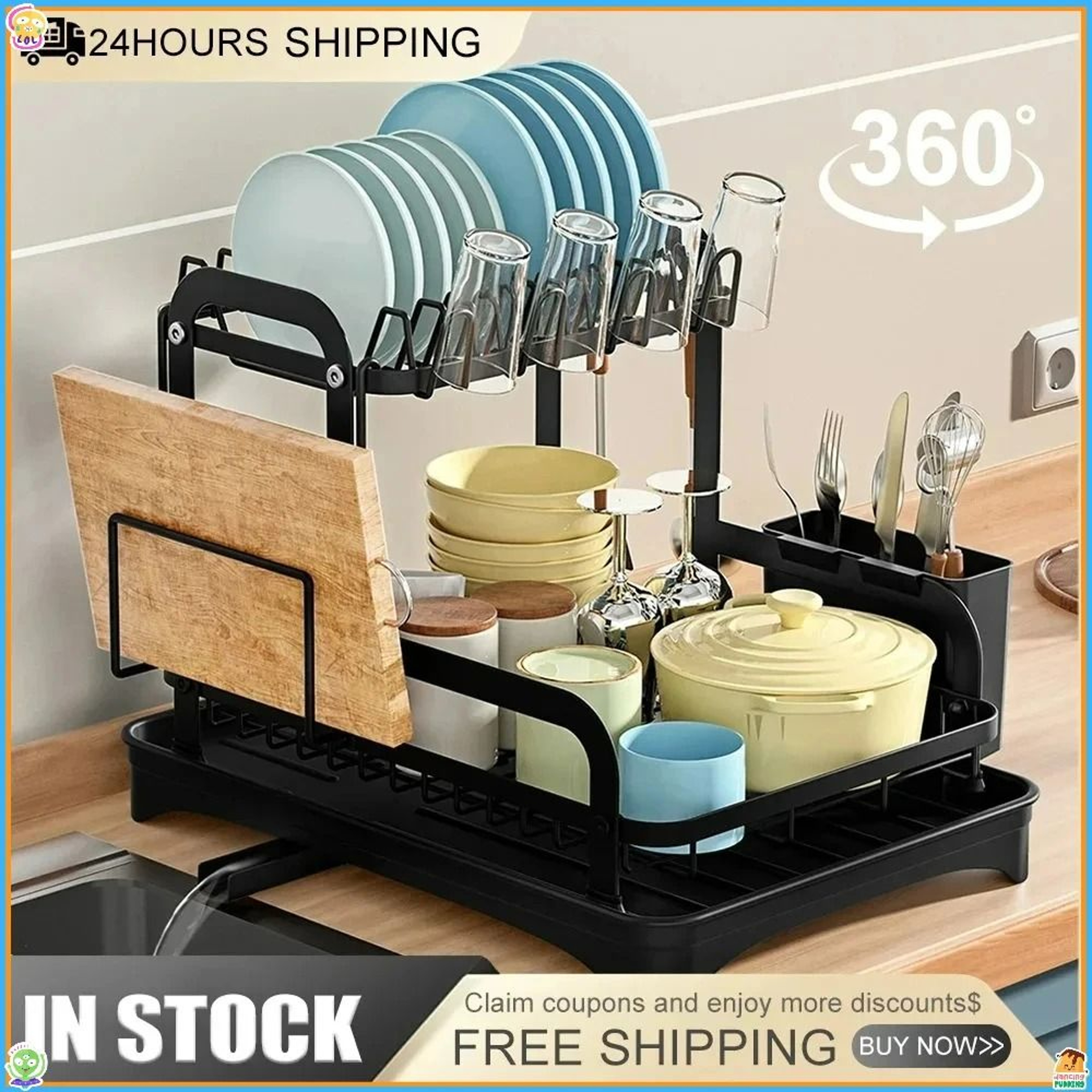 Premium 2Tier Dish Drying Rack  DoubleDecker Kitchen Sink Organizer With 360Degree Retractable Drai 0