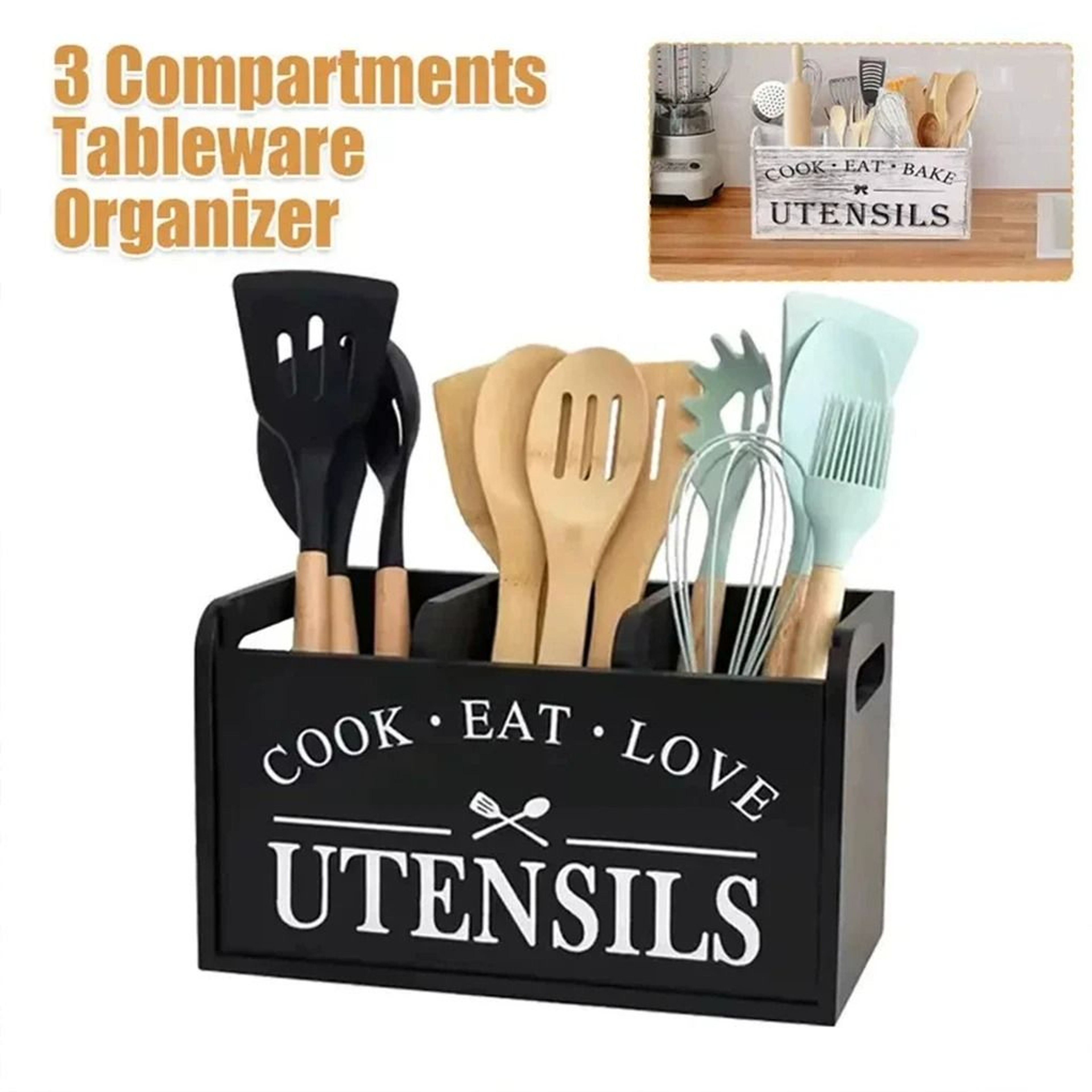 Premium 3Compartment Wooden Kitchen Utensil Holder  Tableware Caddy 1