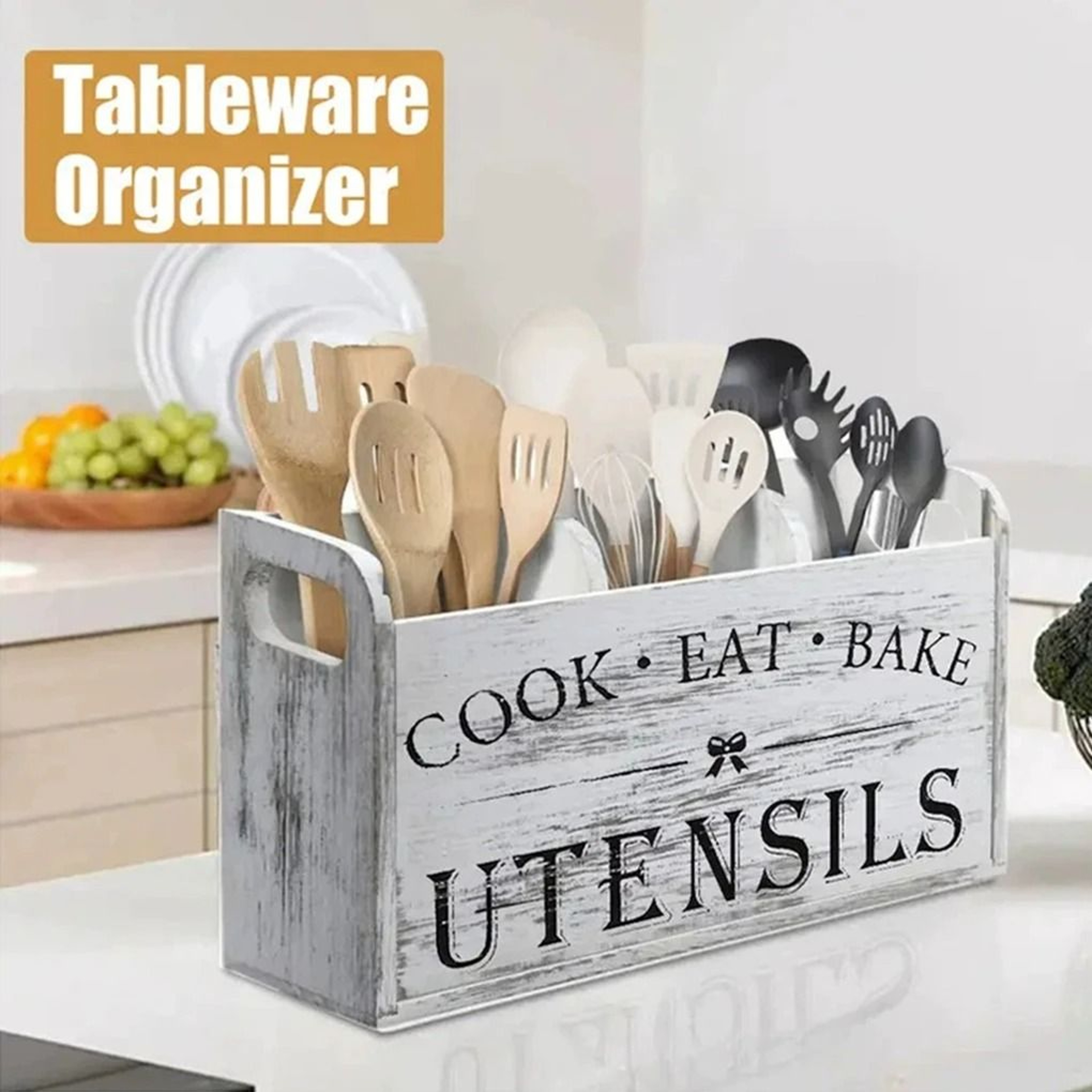 Premium 3Compartment Wooden Kitchen Utensil Holder  Tableware Caddy 4