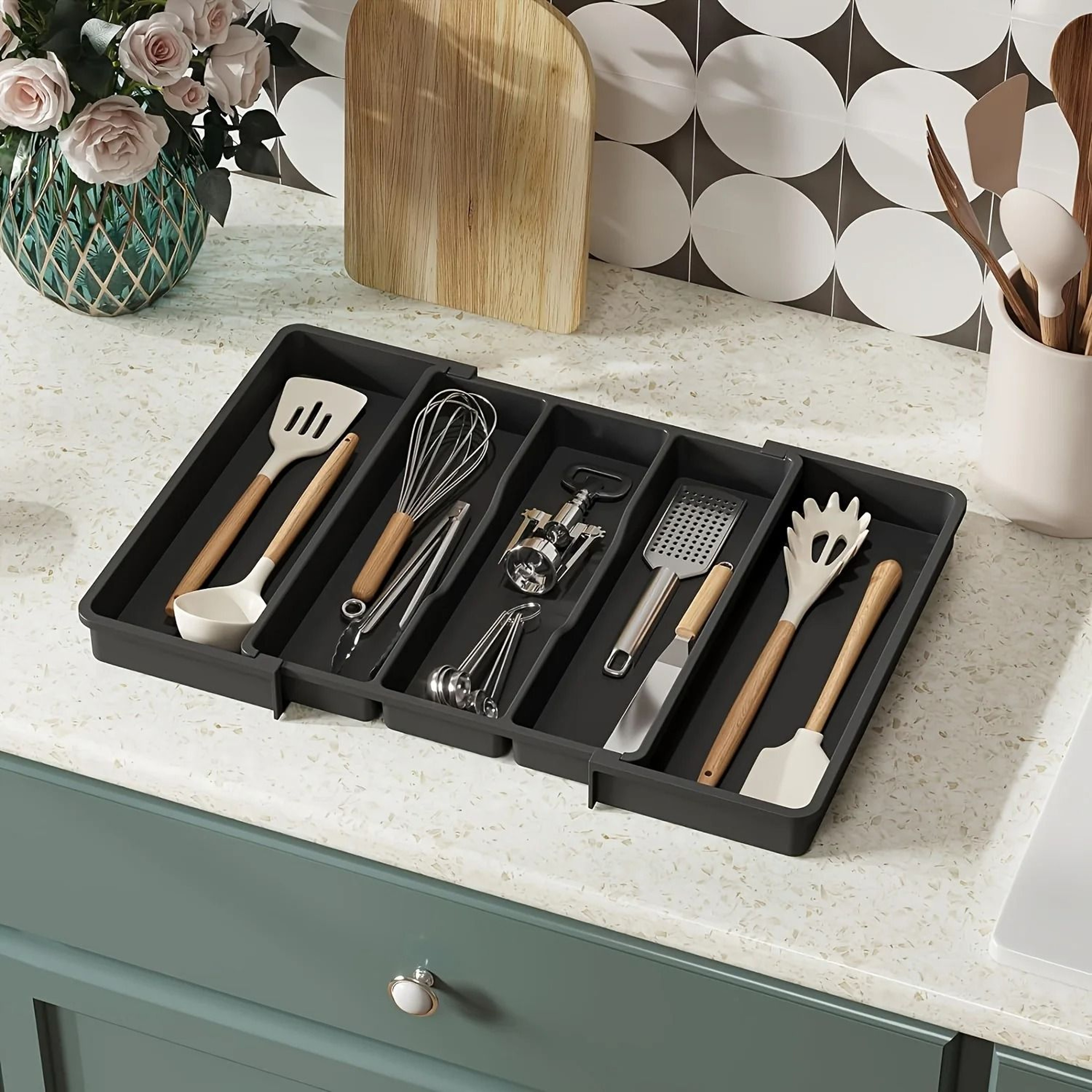 Expandable  Adjustable Large Plastic Kitchen Utensil Organizer  Cutlery Holder  Tool Divider 0