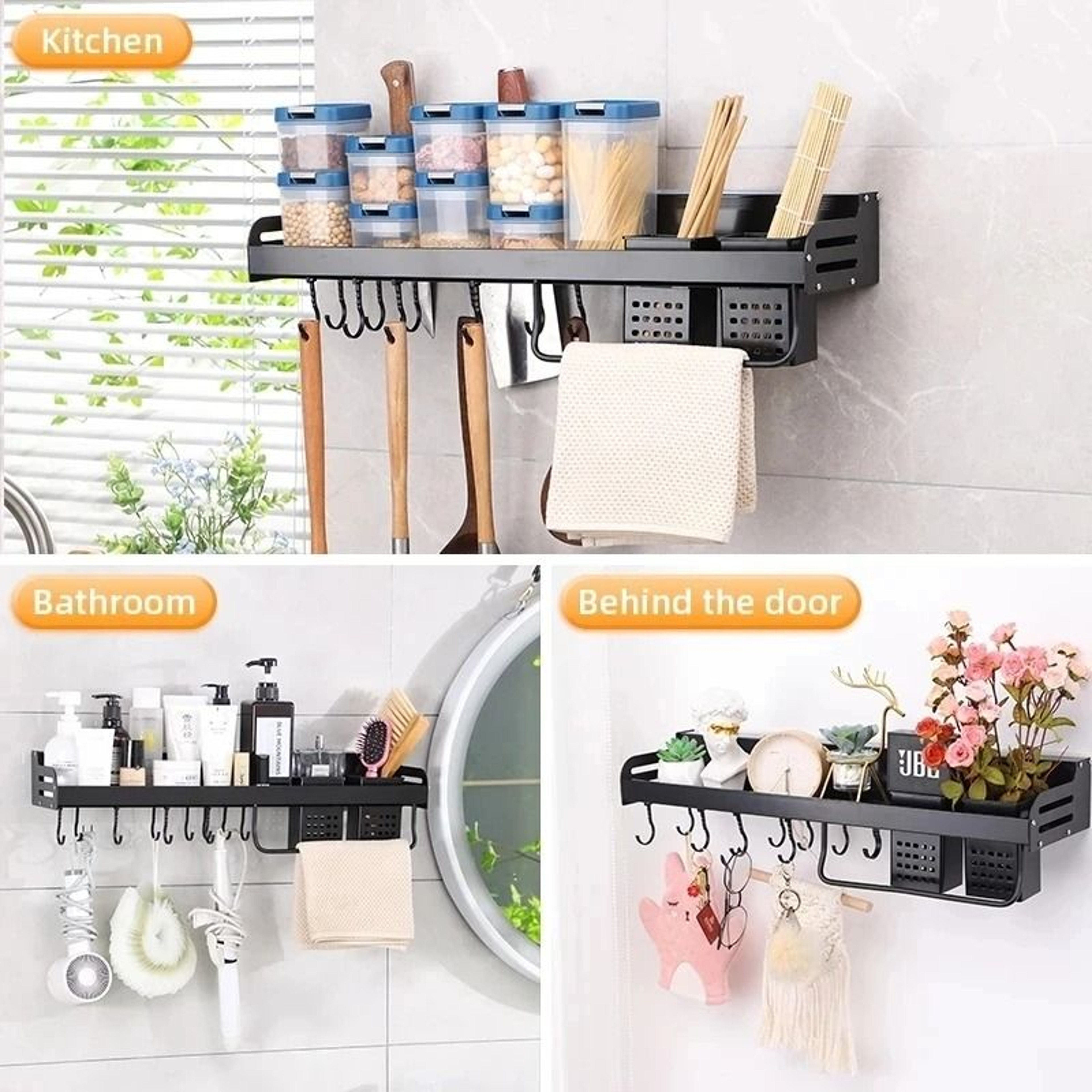 WallMounted Kitchen Organizer Shelf  Spice Storage Rack With Knife Holder 3