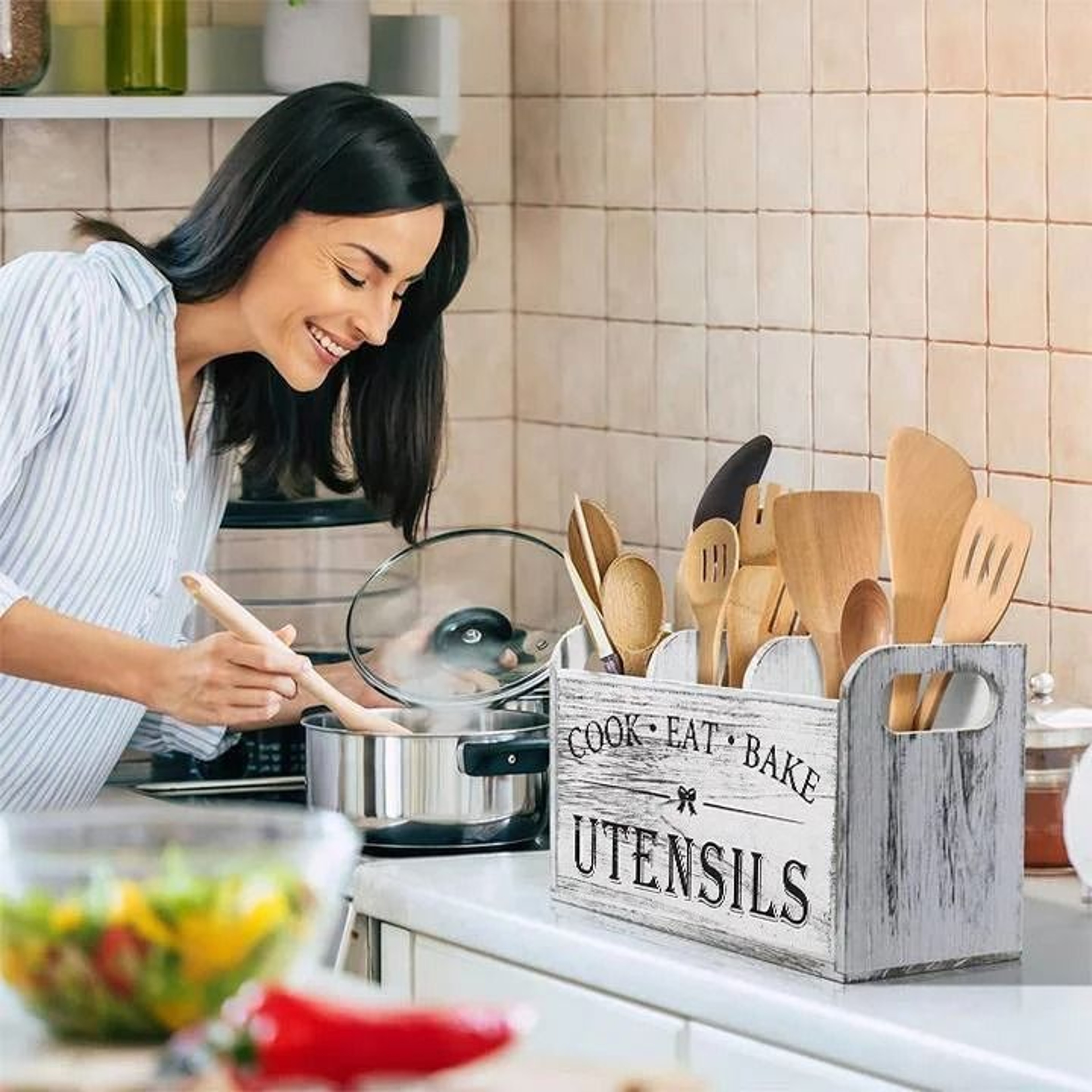 5Piece Wooden Cutlery Box Set  MultiCompartment Kitchen Utensil Storage Caddy 1