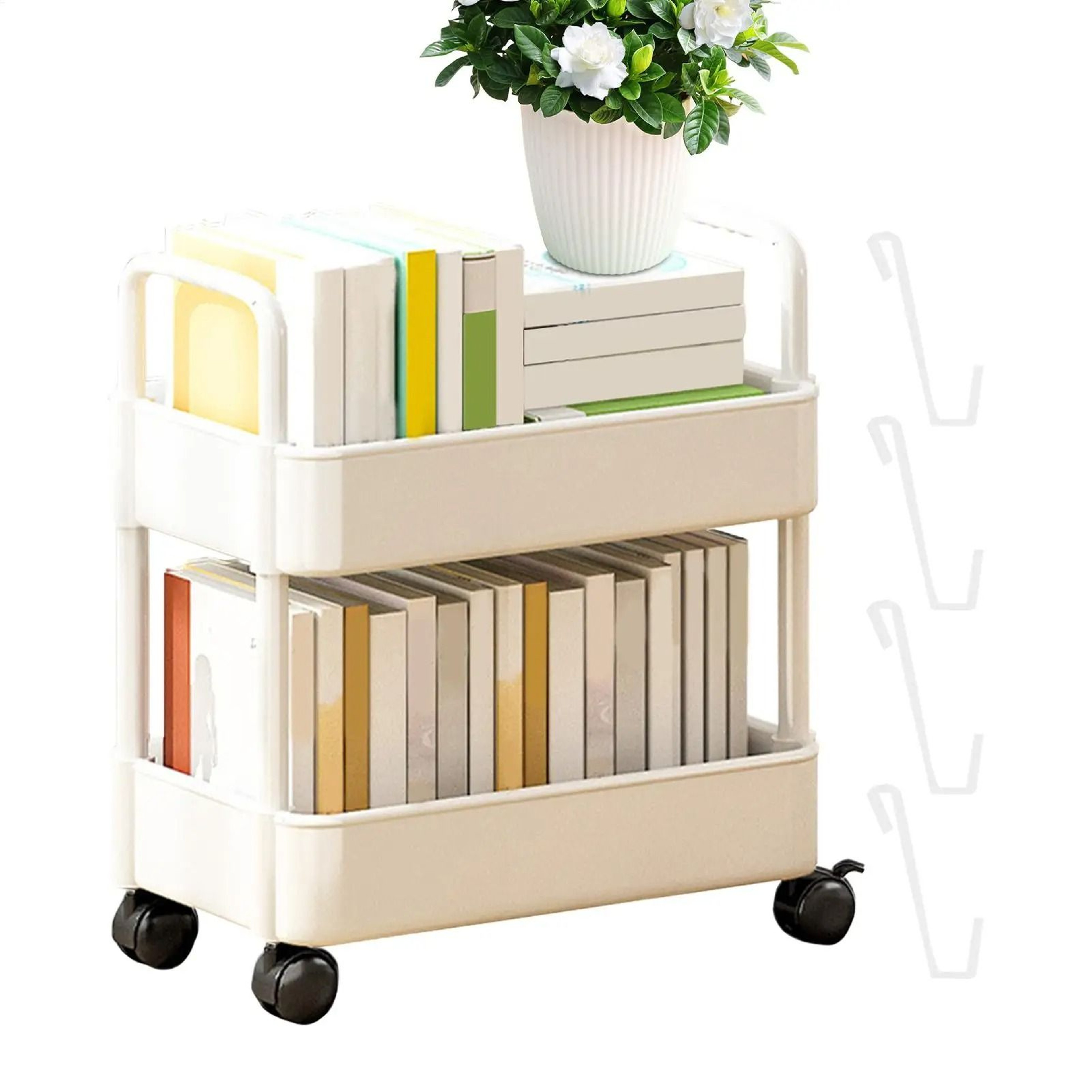 2Tier Movable Bookshelf Cart With Wheels  MultiPurpose Mobile Storage Rack Organizer 2