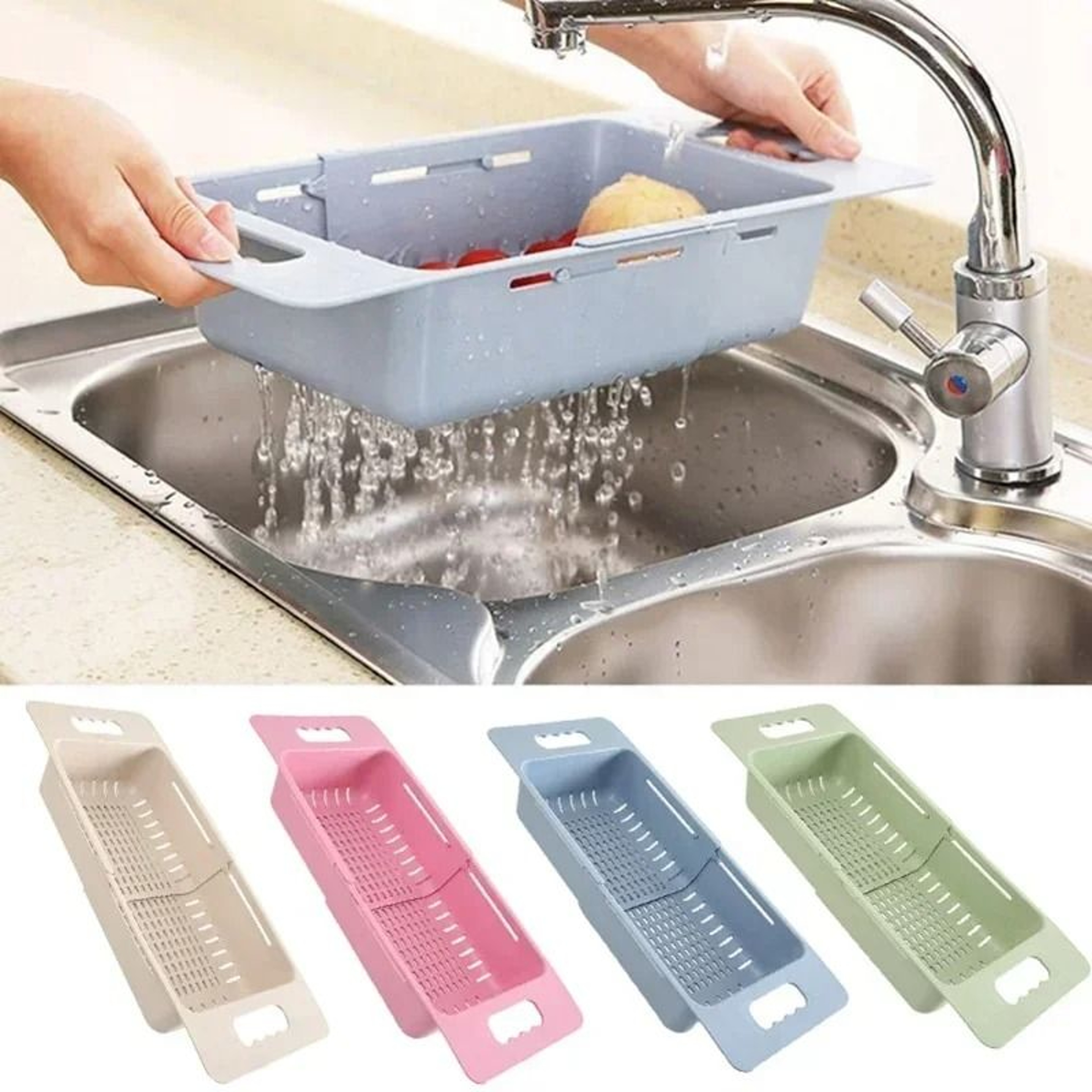 Adjustable Sink OvertheSink Drain Basket  Expandable Plastic Dish Drainer  Fruit Vegetable Washing  1