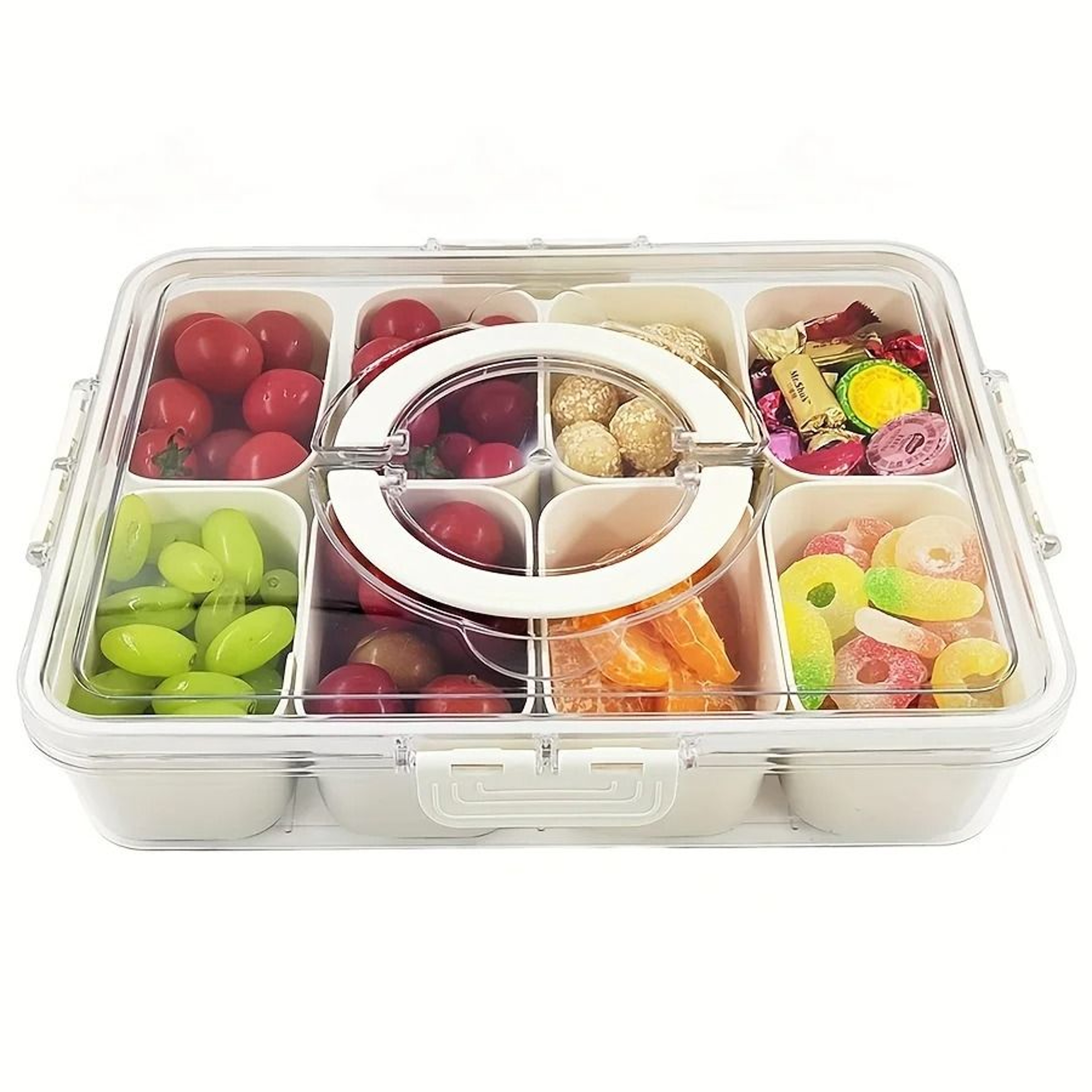 Divided Rotating Serving Tray With Lid  Portable Snackle Box  Clear Snack Spinner For Fruits Veggie 9