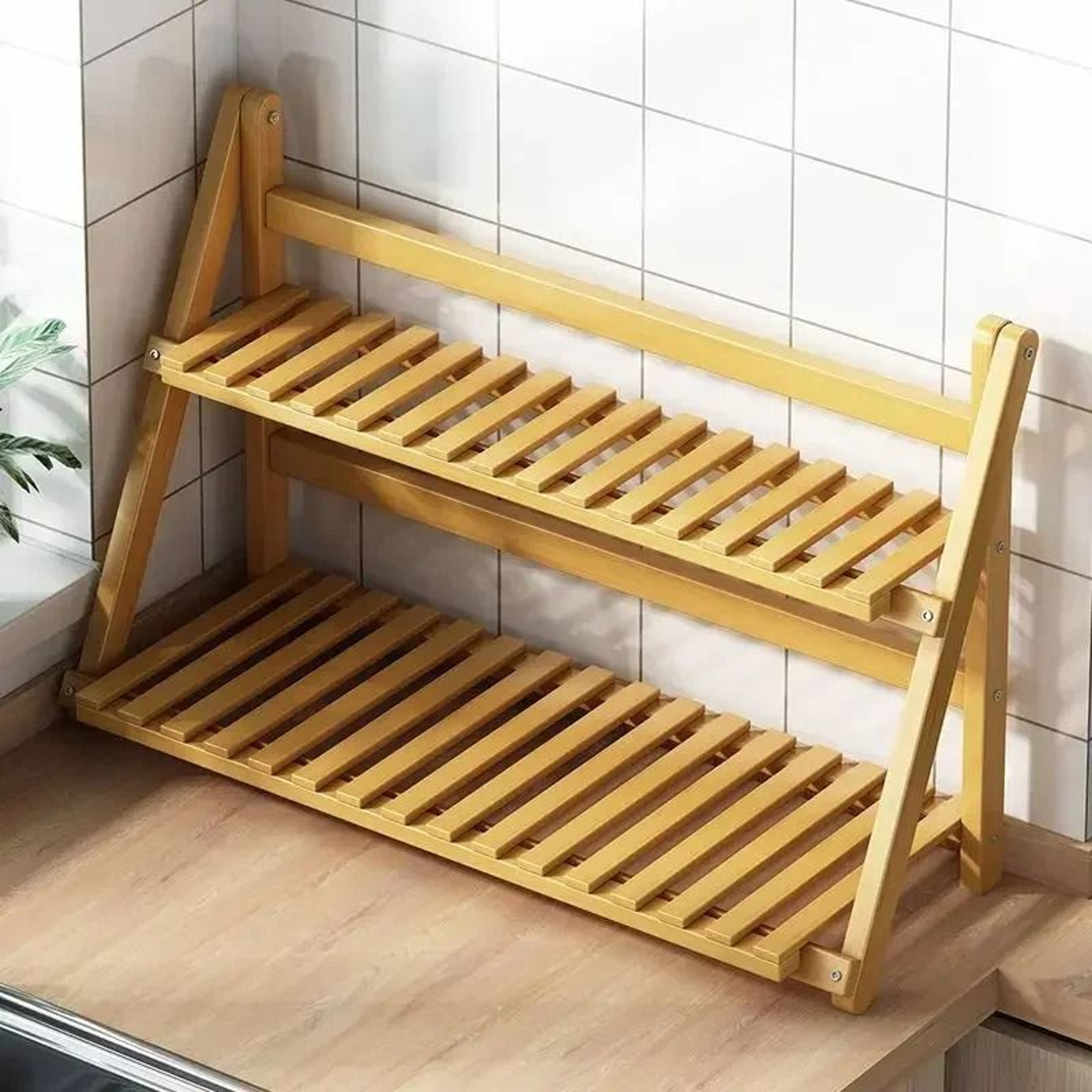MultiFunctional Desktop Folding Storage Rack  2Tier Bamboo Tabletop Kitchen Seasoning Organizer 4
