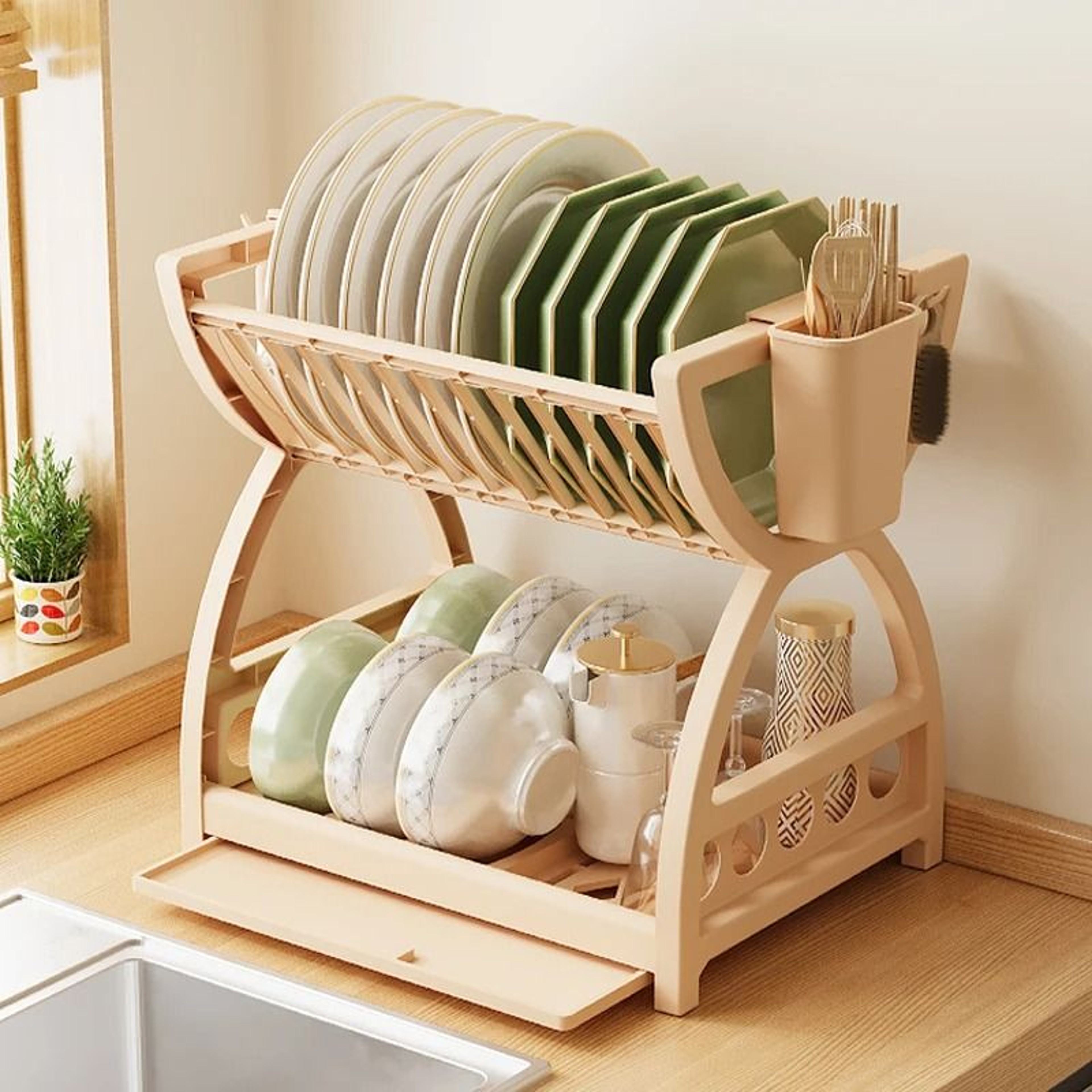 MultiLayer Kitchen Utensil Storage Rack With Hooks  Sink Countertop Organizer For Bowls Plates  Cho 5