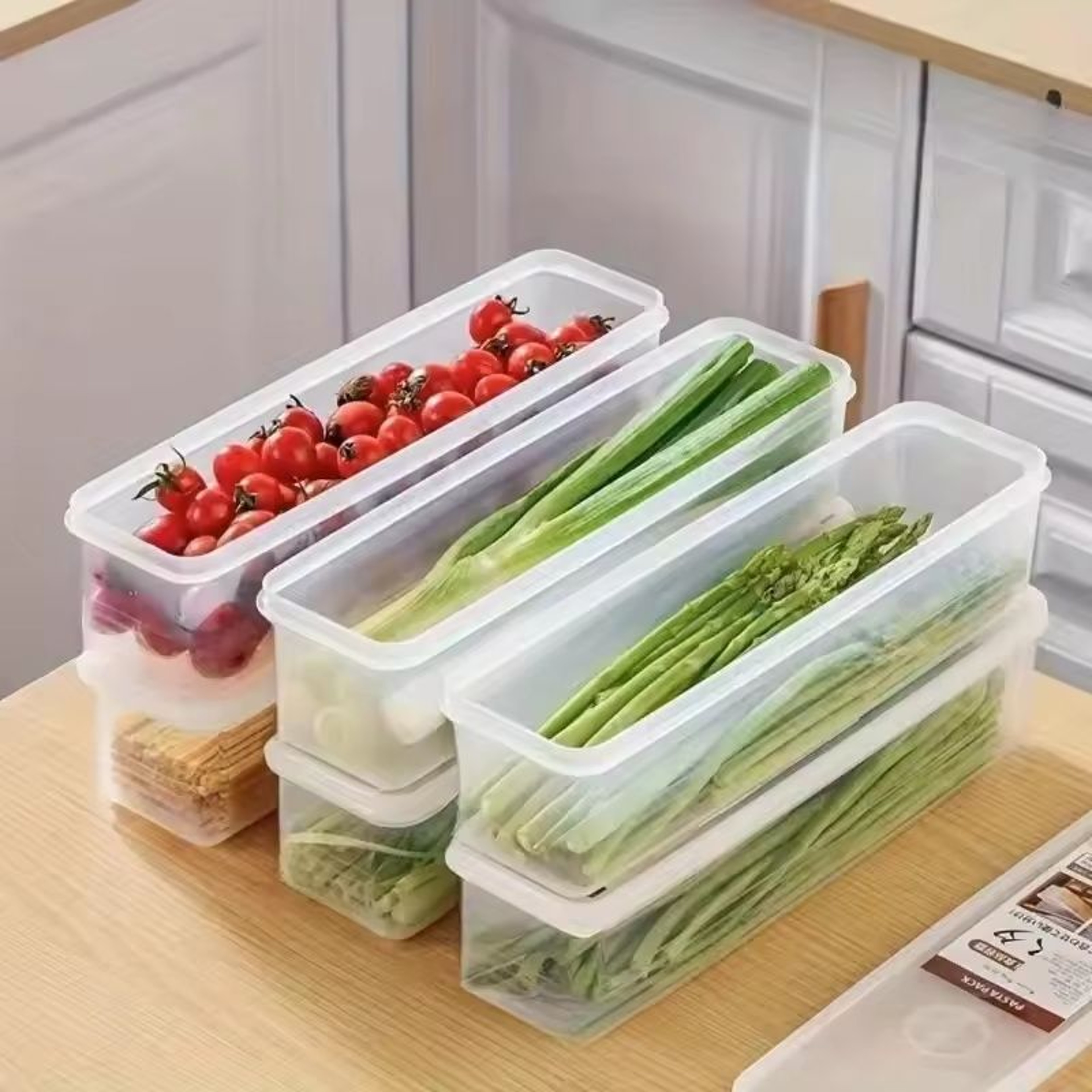 4Piece Long Food Storage Containers  Refrigerator Stackable Ingredient Organizer Box Set 0