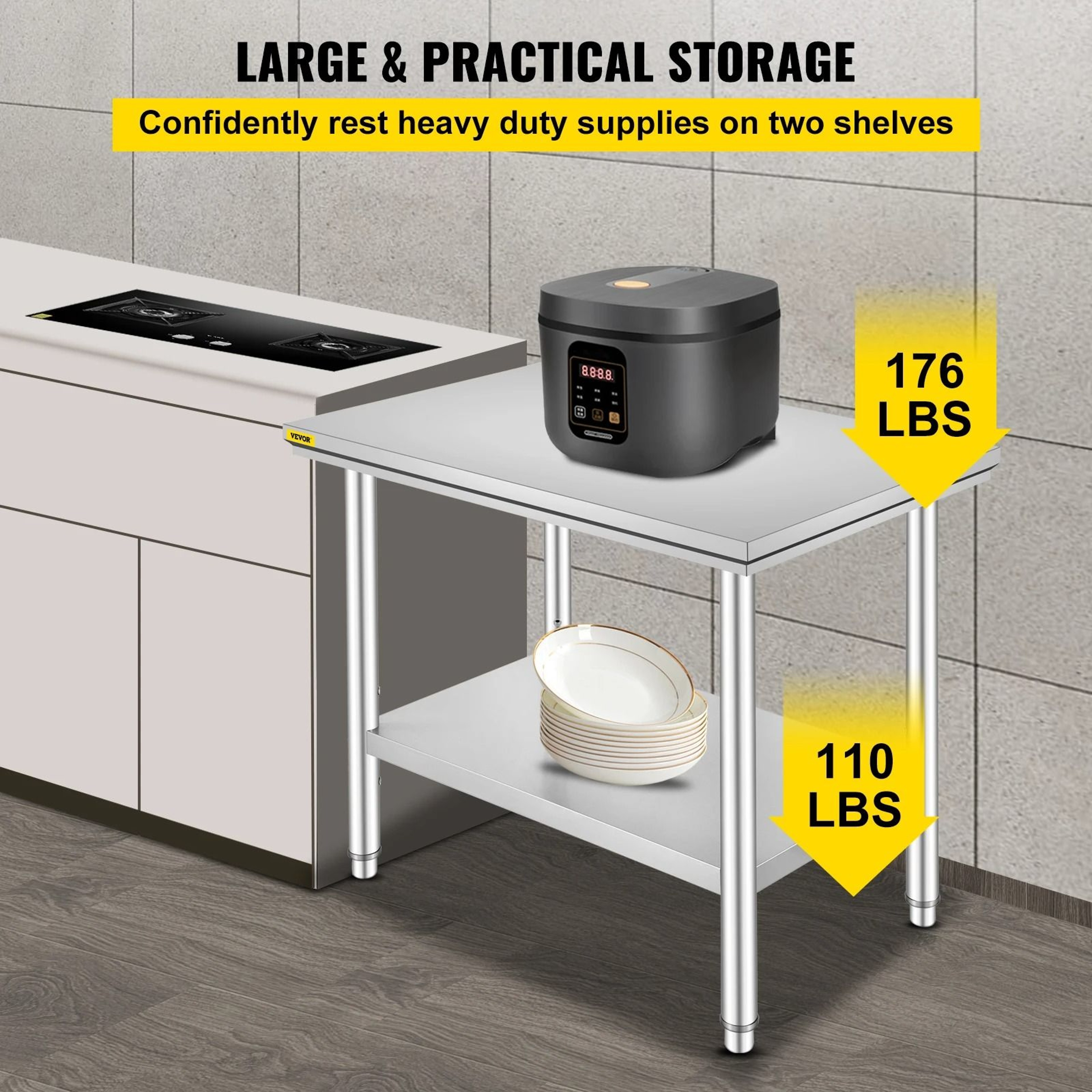 VEVOR HeavyDuty Commercial Stainless Steel Kitchen Work Table With Adjustable Undershelf 3