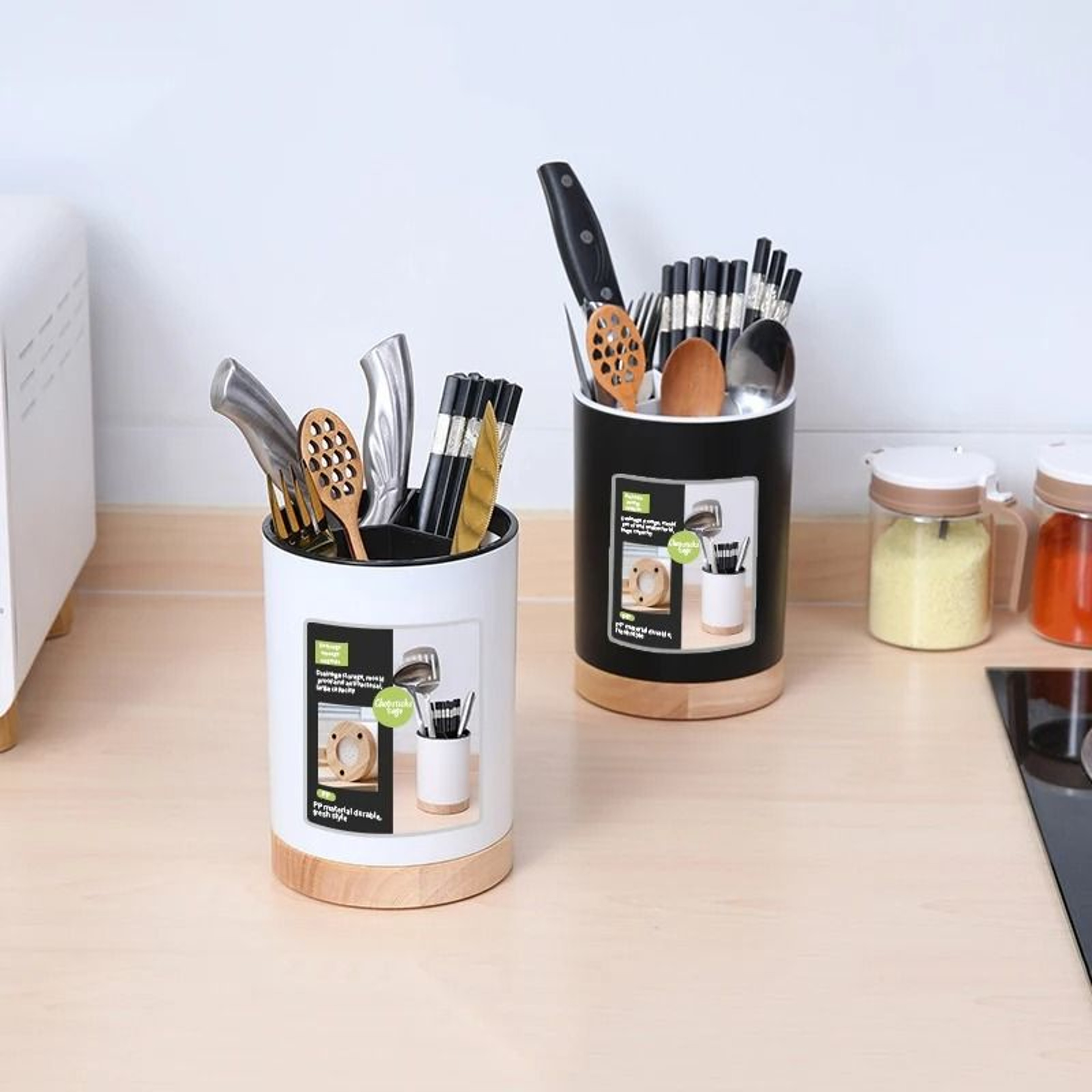 Rotating Kitchen Utensil Holder And 3Grid Tableware Drainer 4