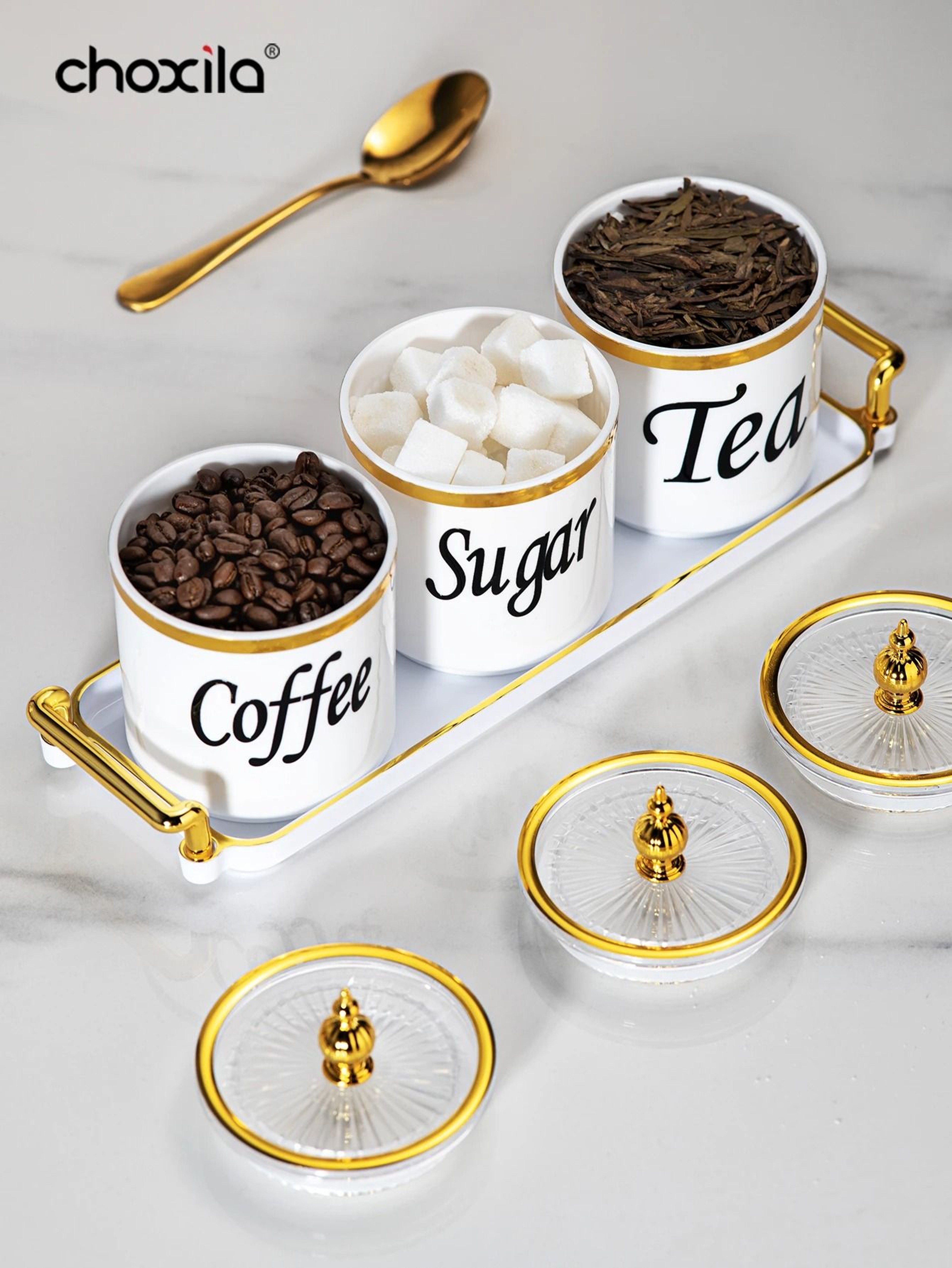 4Piece Ceramic Coffee Tea  Sugar Canister Set With Tray 1