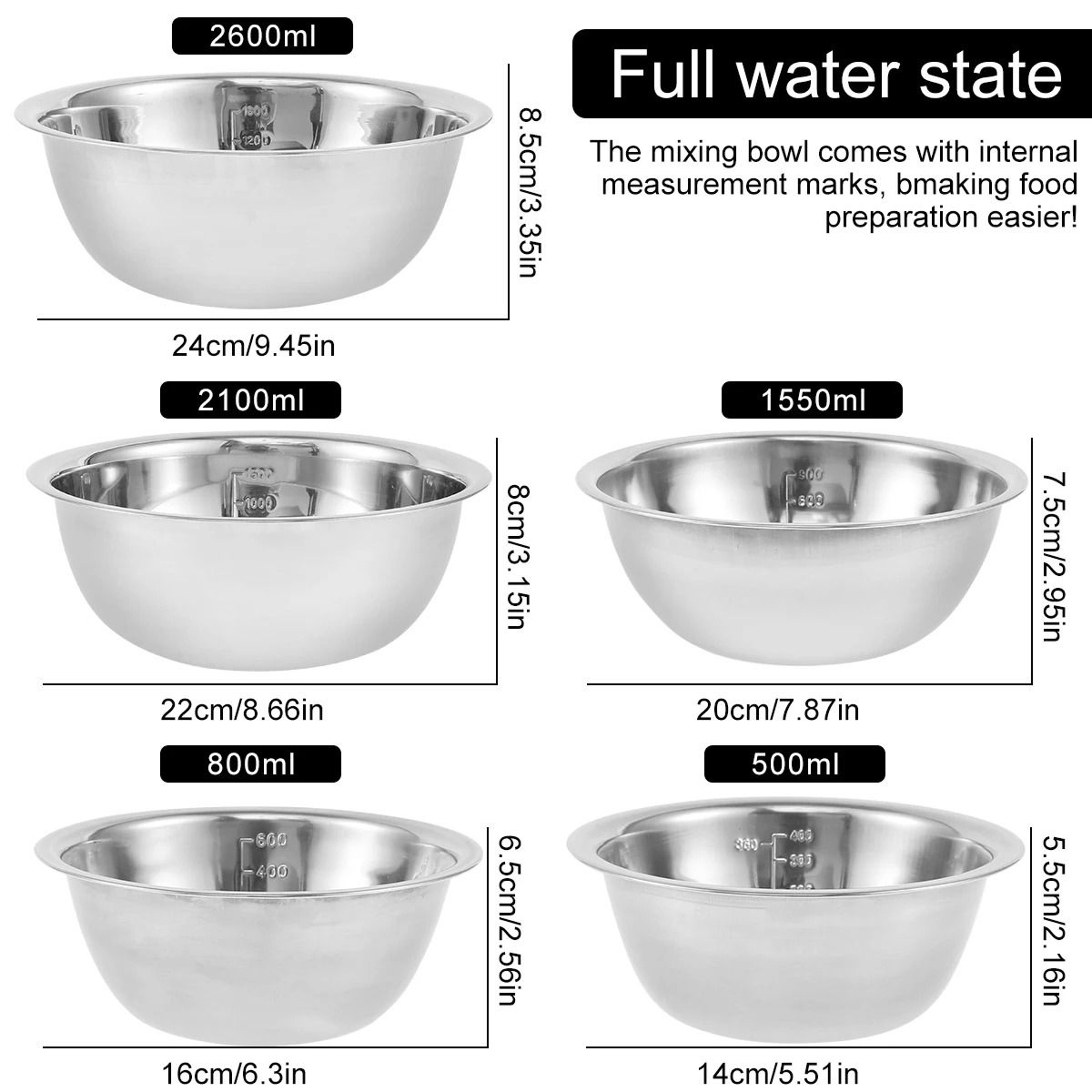 5Piece Stainless Steel Nesting Mixing Bowl  Soup Basin Set 2600ML Max 6