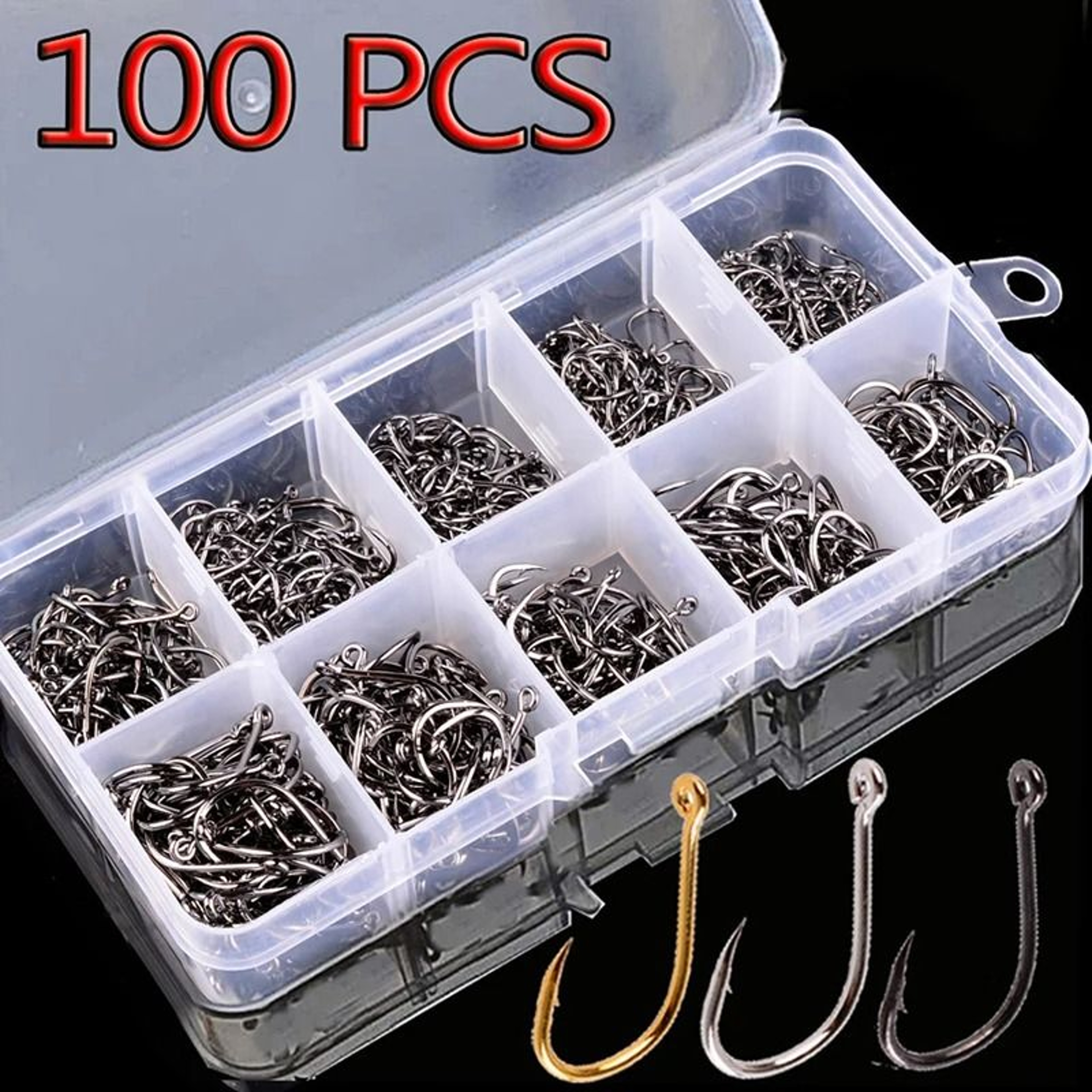 100Piece HighCarbon Steel Barbed Fishing Hooks Assortment Set 0