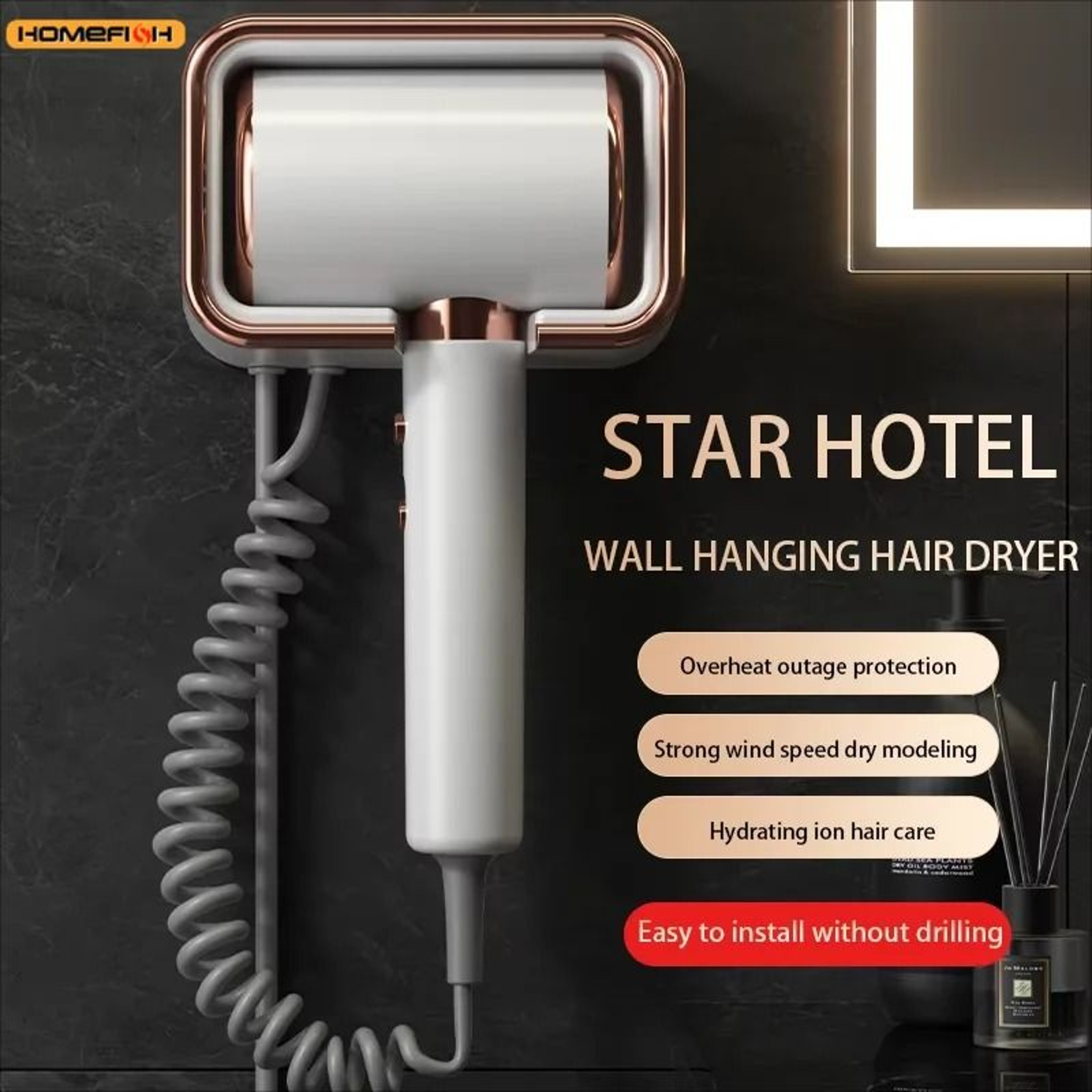 HOMEFISH WallMounted HighPower NoDrill Hotel Bathroom Hair Dryer 0