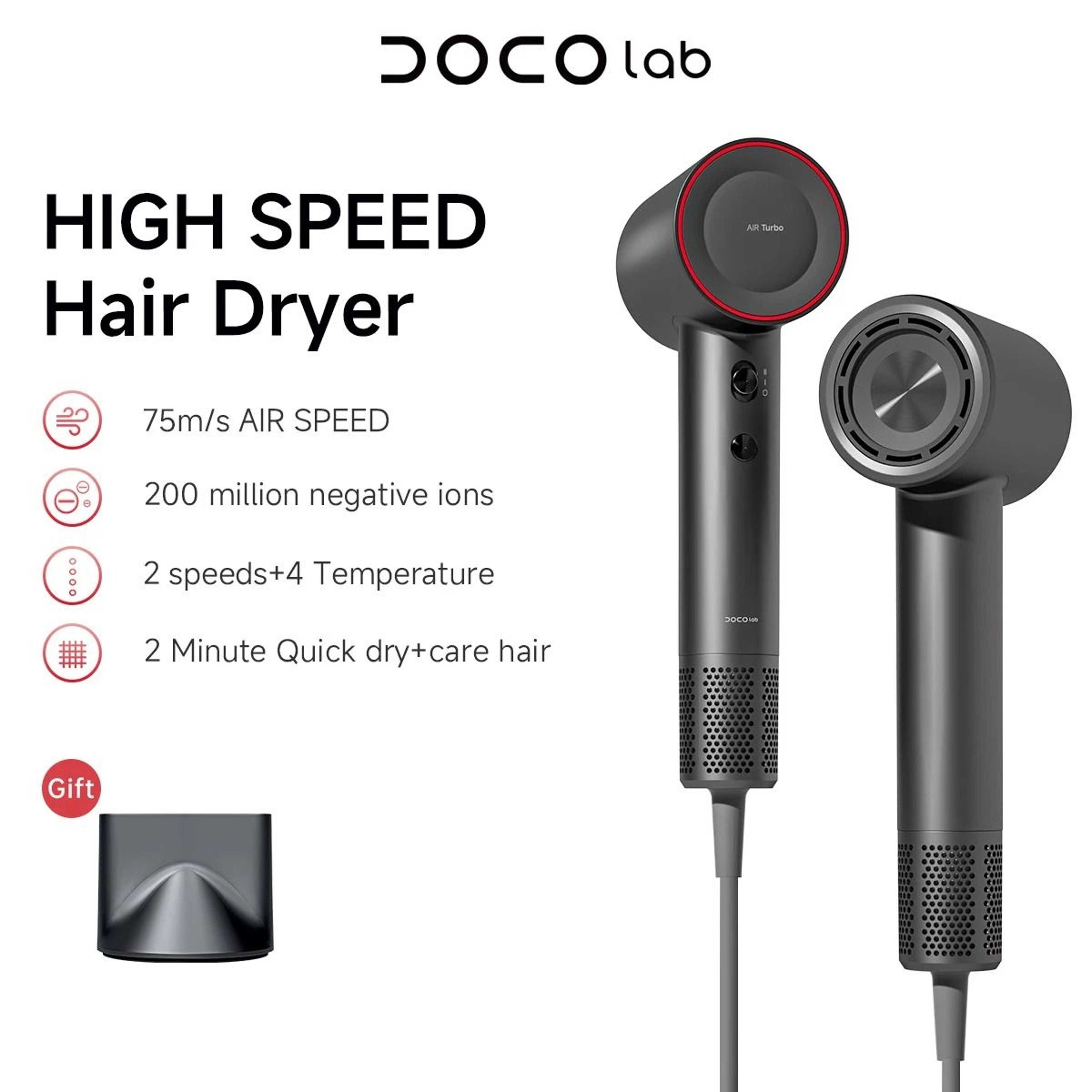 DOCOLAB Professional 1600W HighSpeed Negative Ion Hair Dryer 6