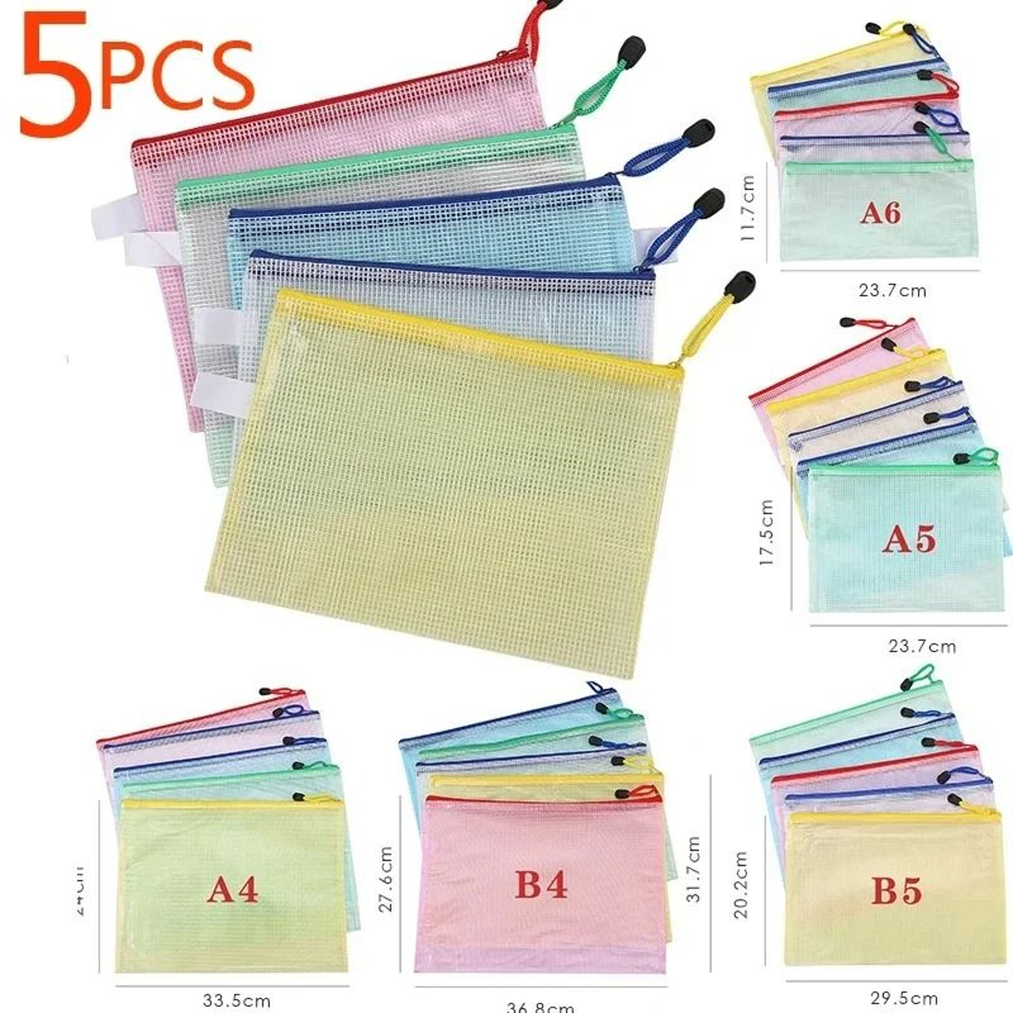 5Pcs A4 A5 A6 Zip File Folders Mesh Zipper Document Pouch 0