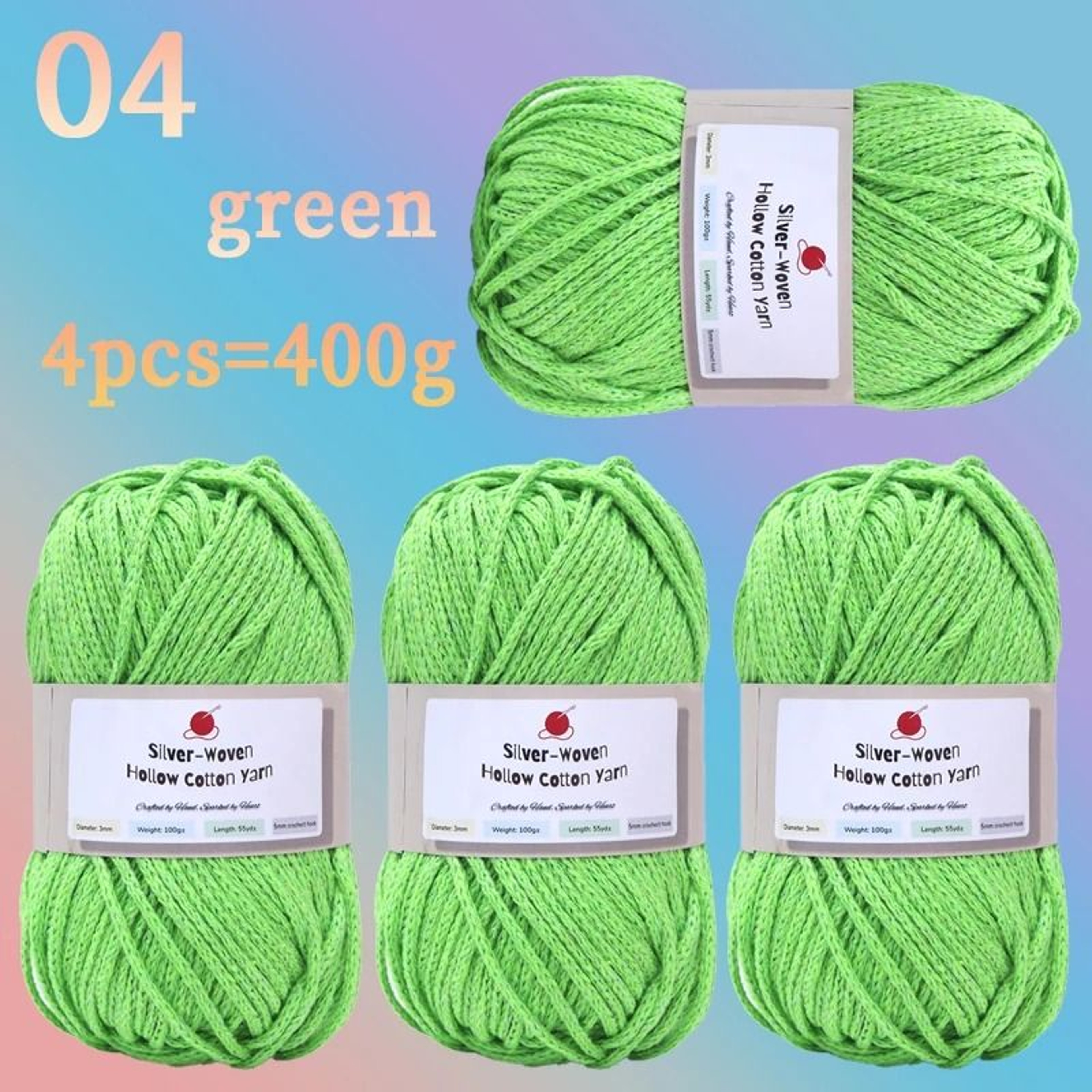 4Pack 400g Colorful Shiny Hollow Cotton Yarn 100g Roll For DIY Crochet Bags Hats Cushions And Place 10