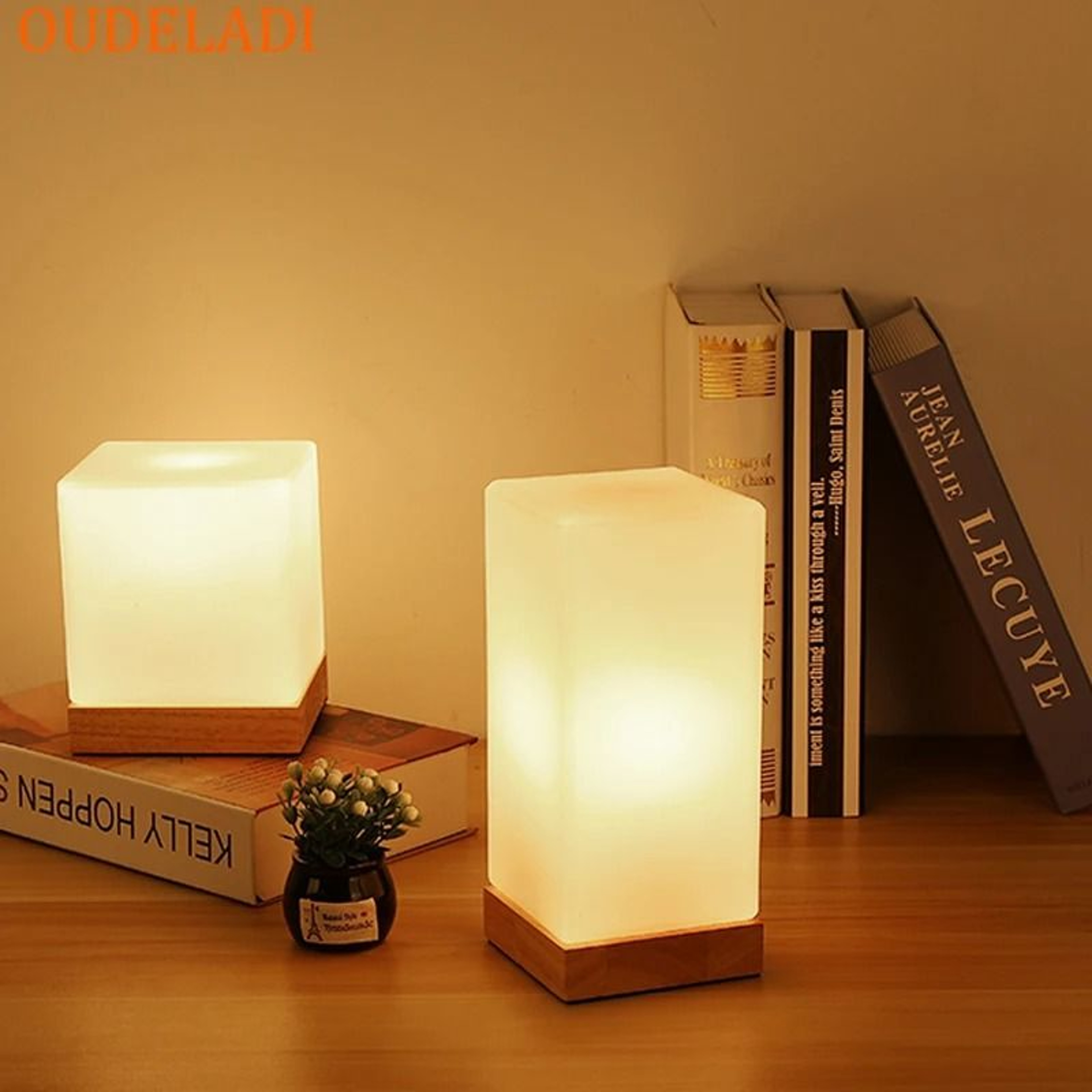 OUDELADI Solid Wood Glass LED Bedside Table Lamp Warm Night Light For Bedroom 0