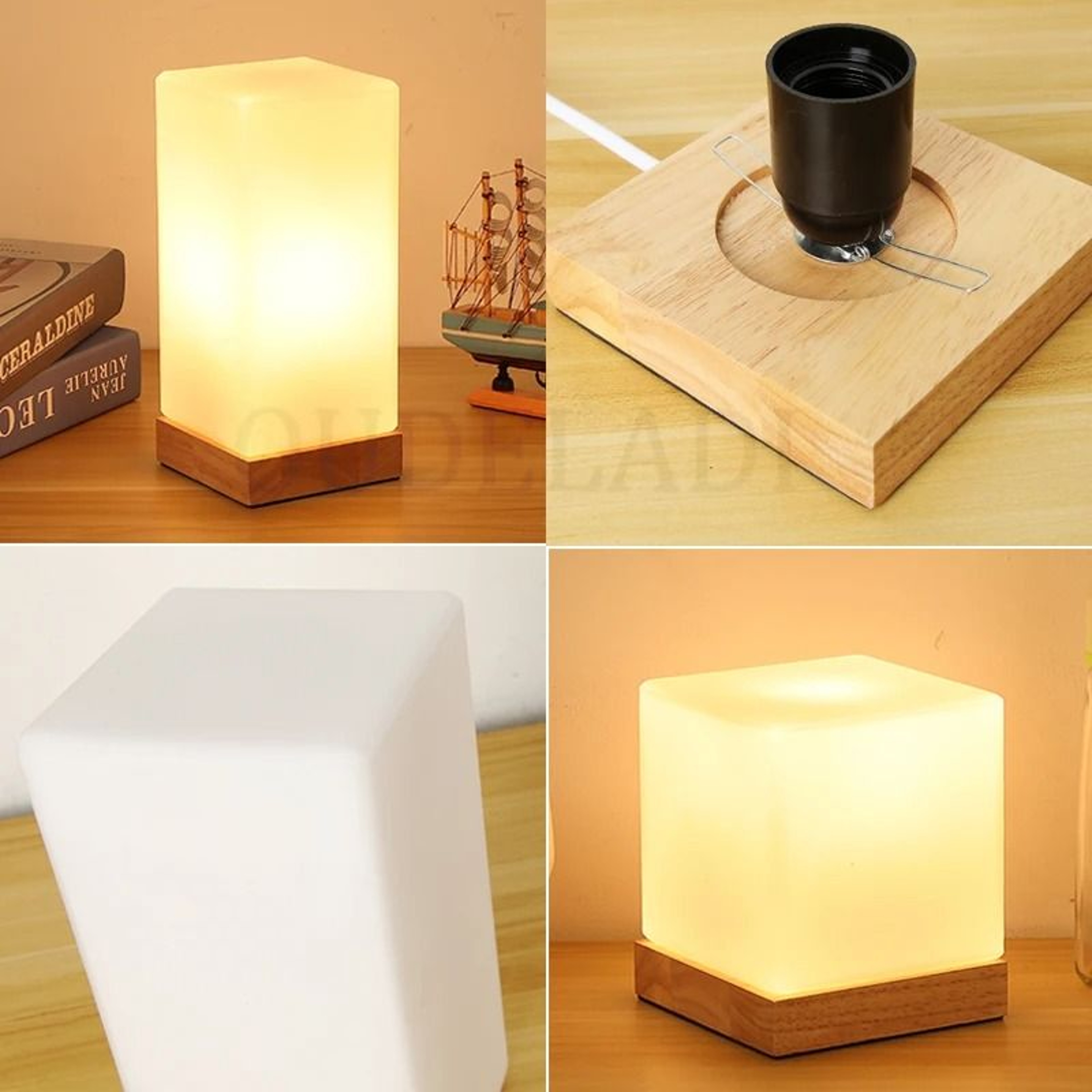 OUDELADI Solid Wood Glass LED Bedside Table Lamp Warm Night Light For Bedroom 2