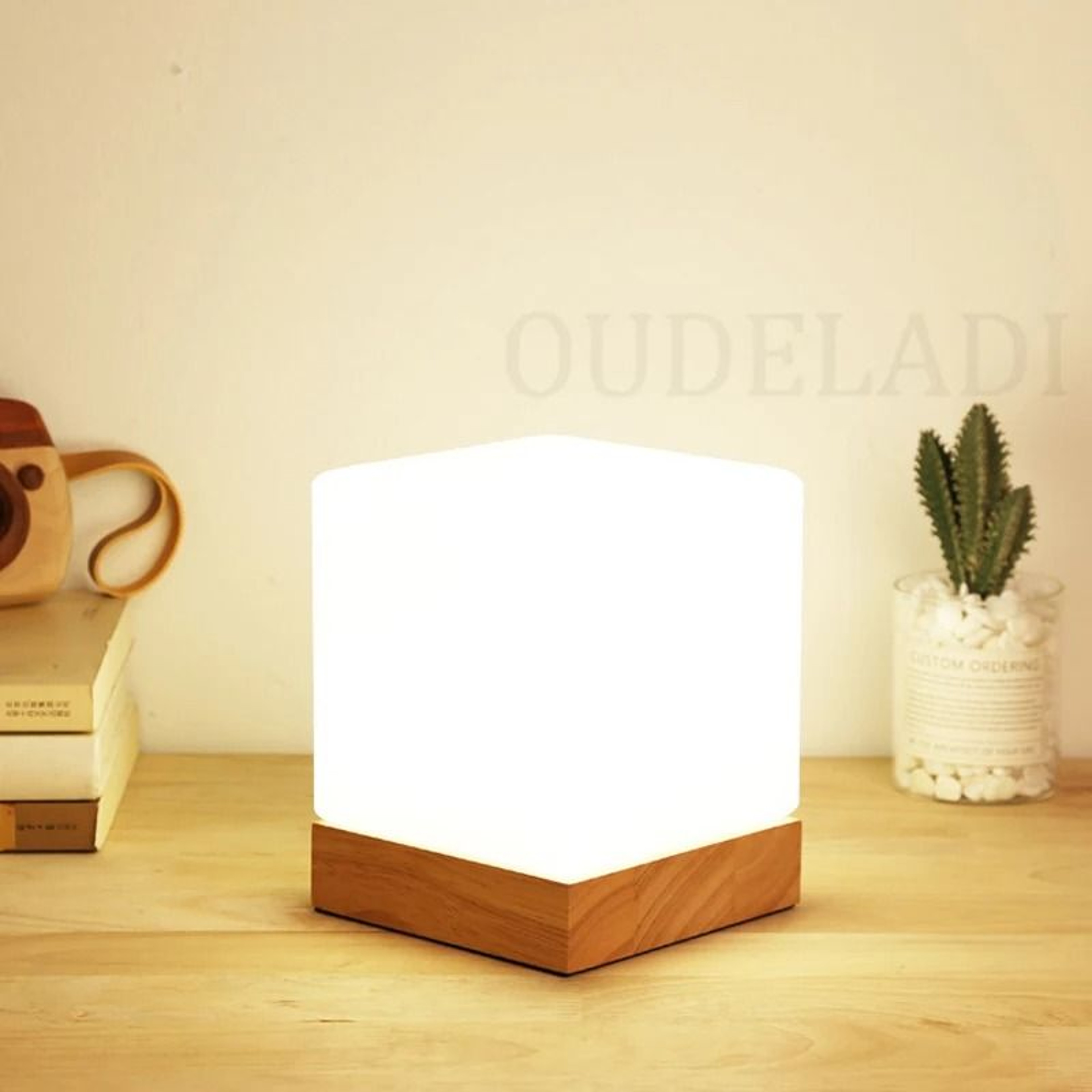 OUDELADI Solid Wood Glass LED Bedside Table Lamp Warm Night Light For Bedroom 3