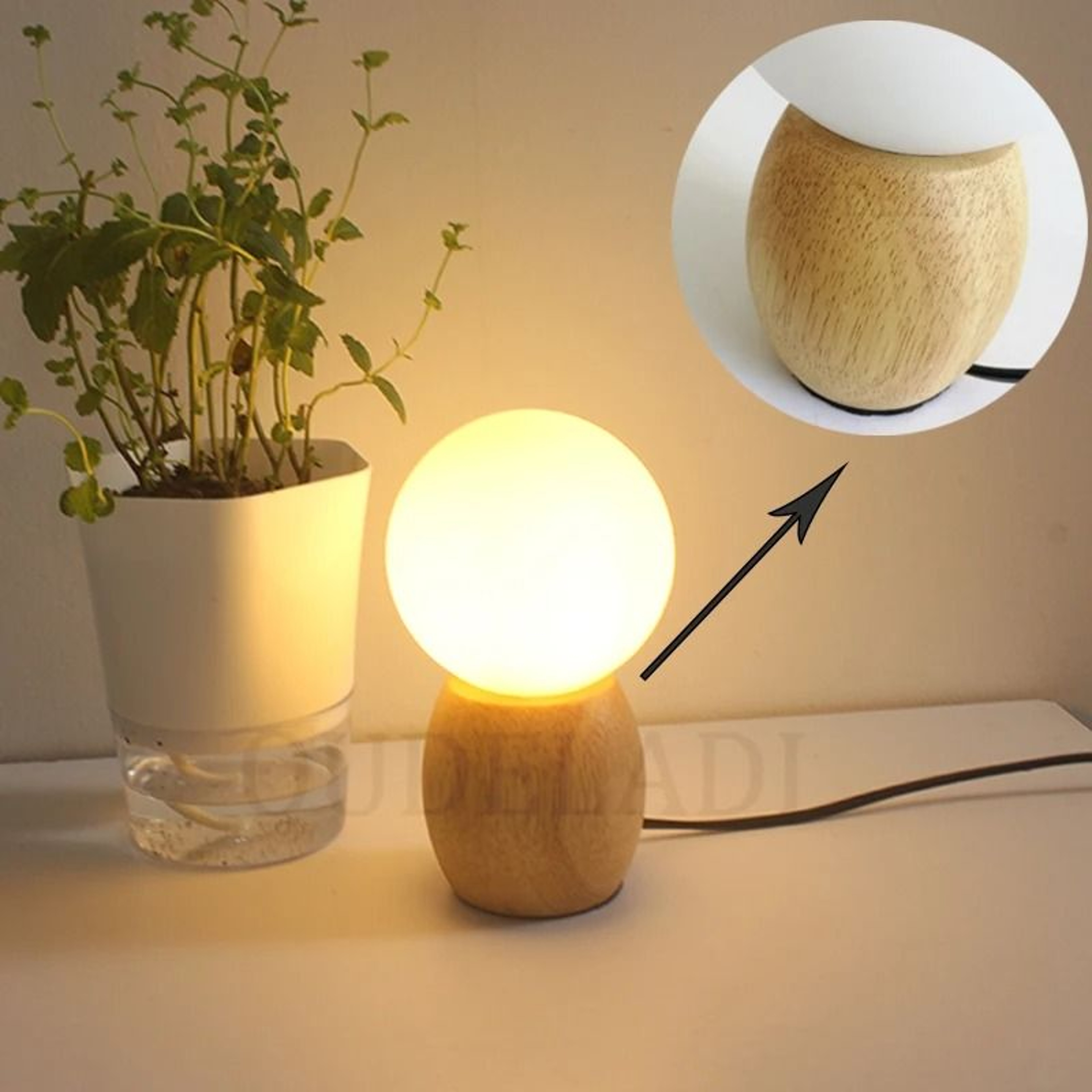 OUDELADI Wood LED Table Lamp Glass Lampshade Night Light Bedside Lamp With G4 Bulb 0