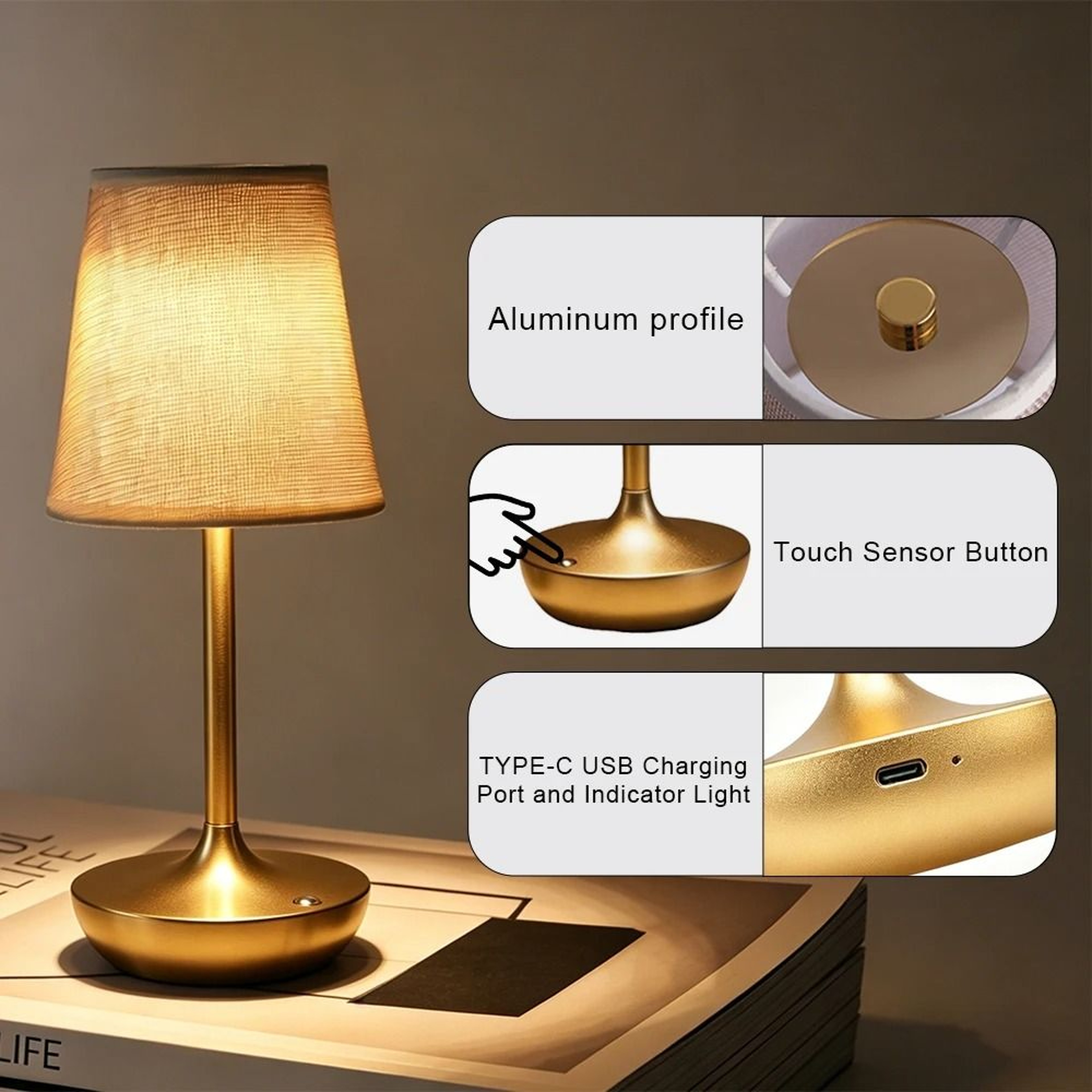 Rechargeable LED Table Lamp Simple Classic Desk Light Dimmable USB Fabric Shade Bedside Decor 2