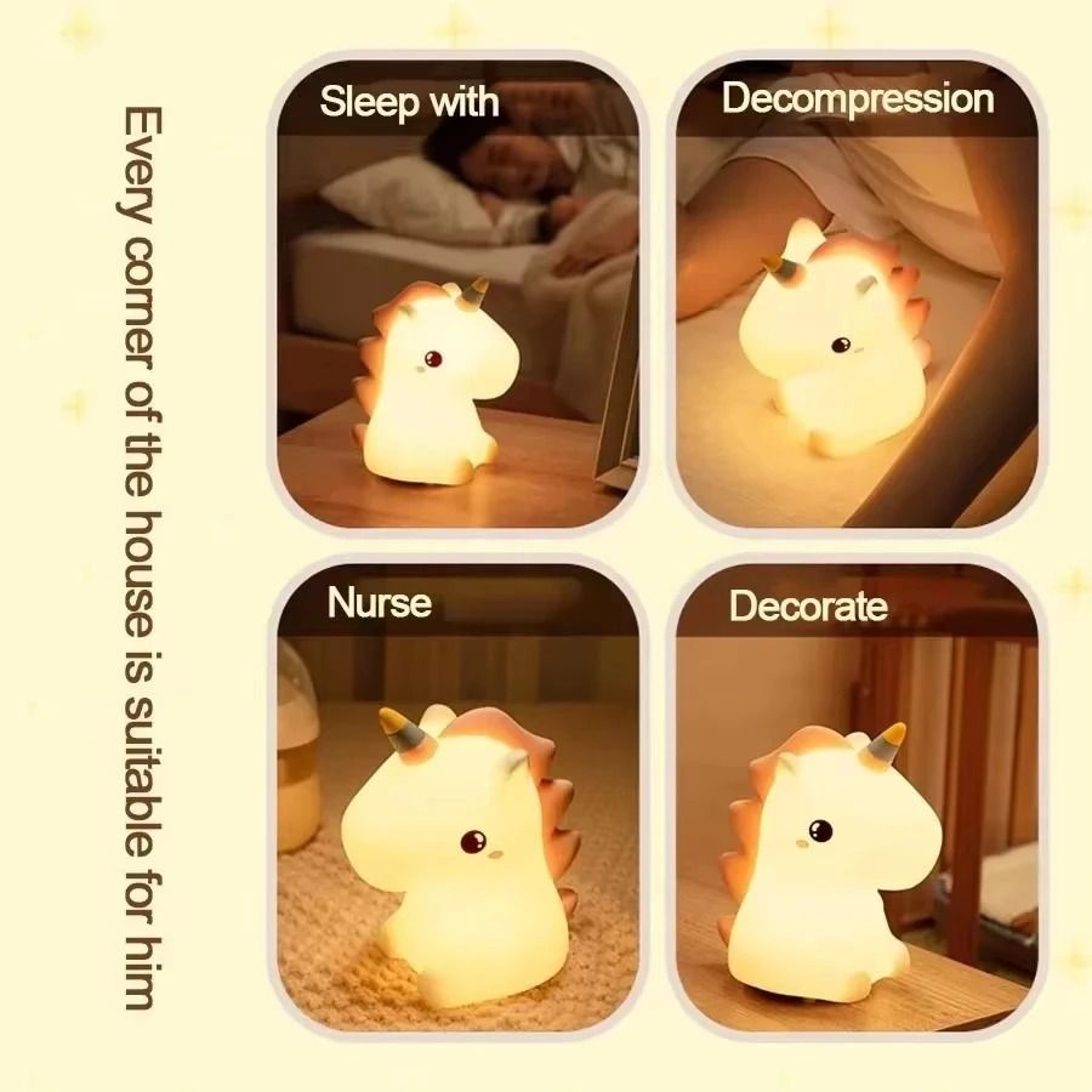 Unicorn Cute Silicone LED Night Light USB Rechargeable Touch Animal Lamp For Kids Bedroom Decor Gif 5