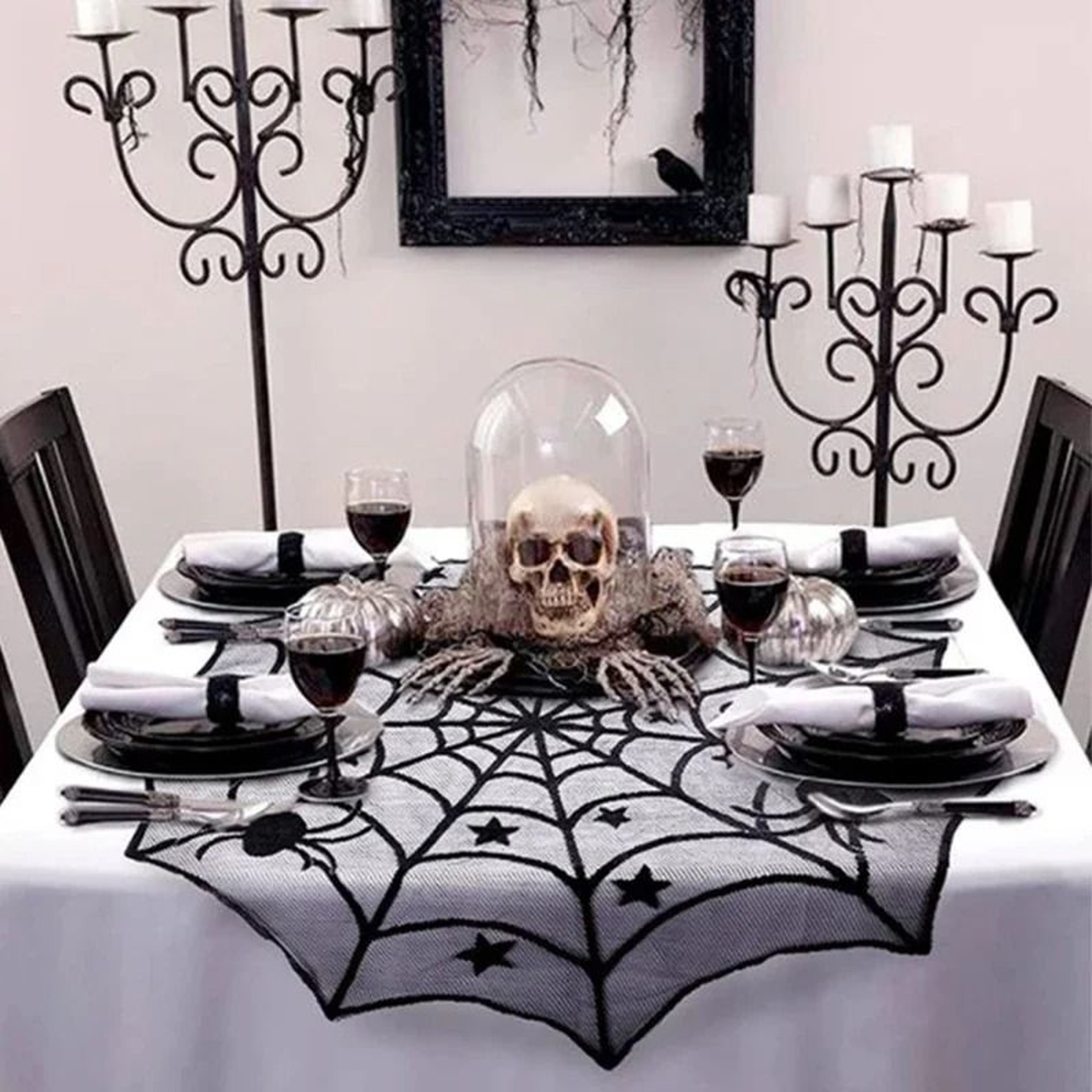 Black Lace Spider Web Skeleton Tablecloth  Fireplace Mantel Scarf Set 2