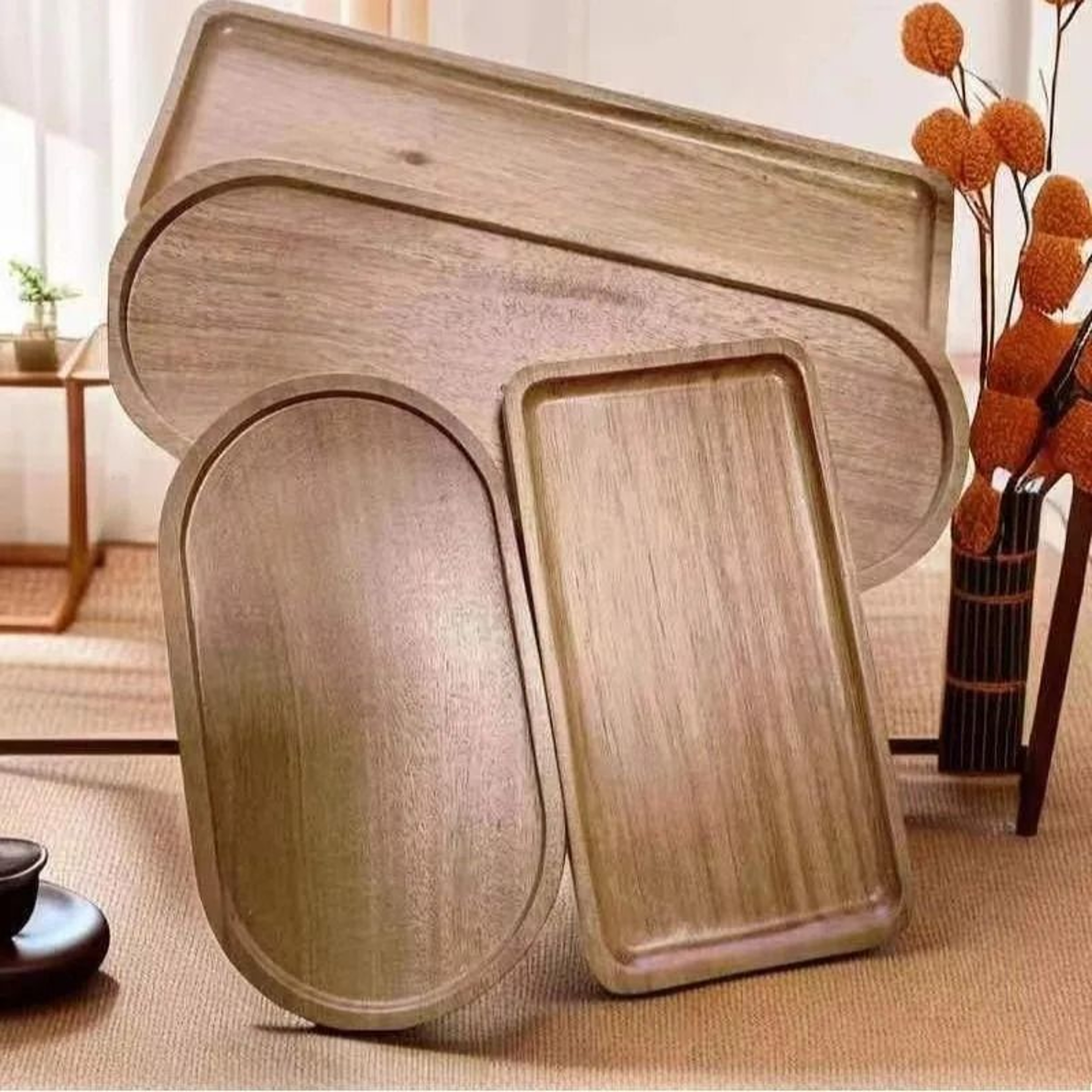 Wabi Sabi Oval Acacia Wood Decorative Serving Platter Natural Wooden Organizer Tray 2