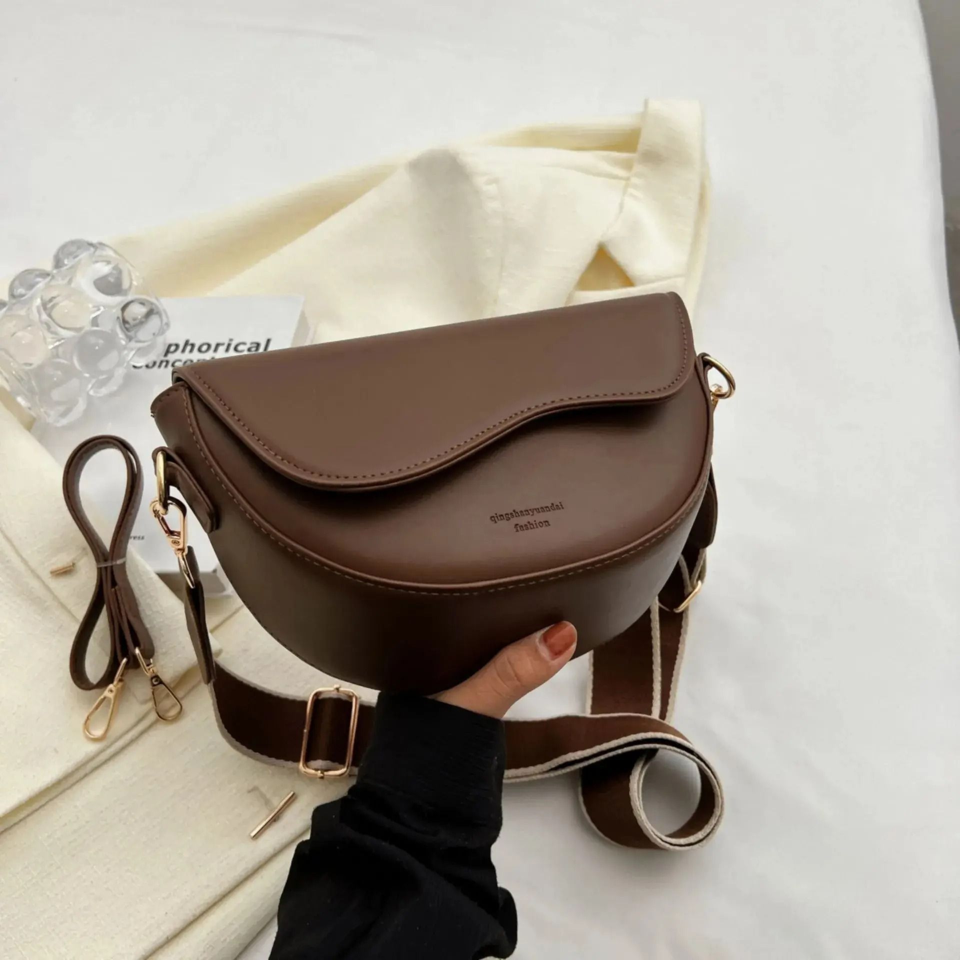 Womens Vintage Solid Color Flap Small Saddle Shoulder Bag Wide Strap PU Leather Crossbody 9
