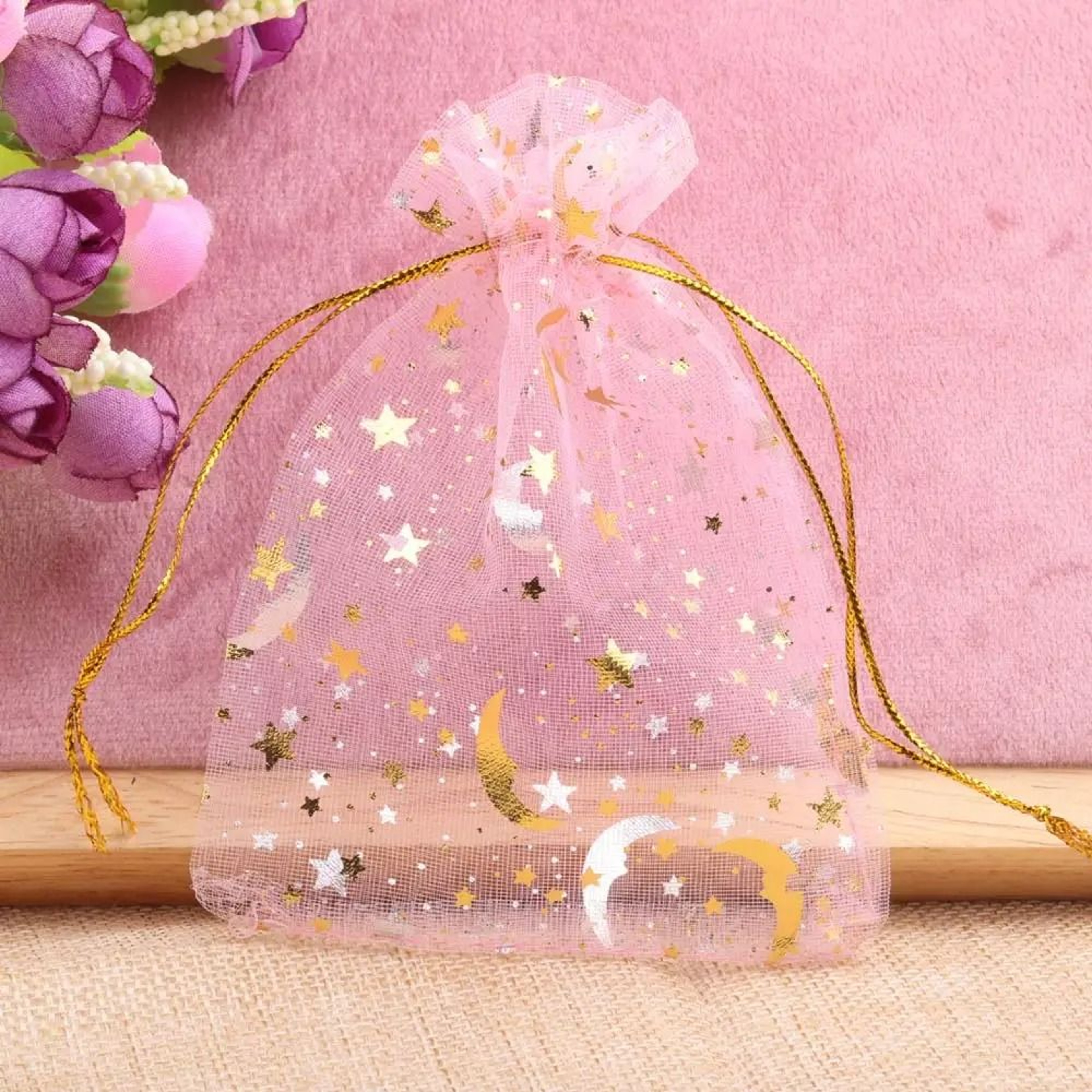 Gold Star Moon Organza Gift Drawstring Bags For Jewelry  Wedding Favors 9