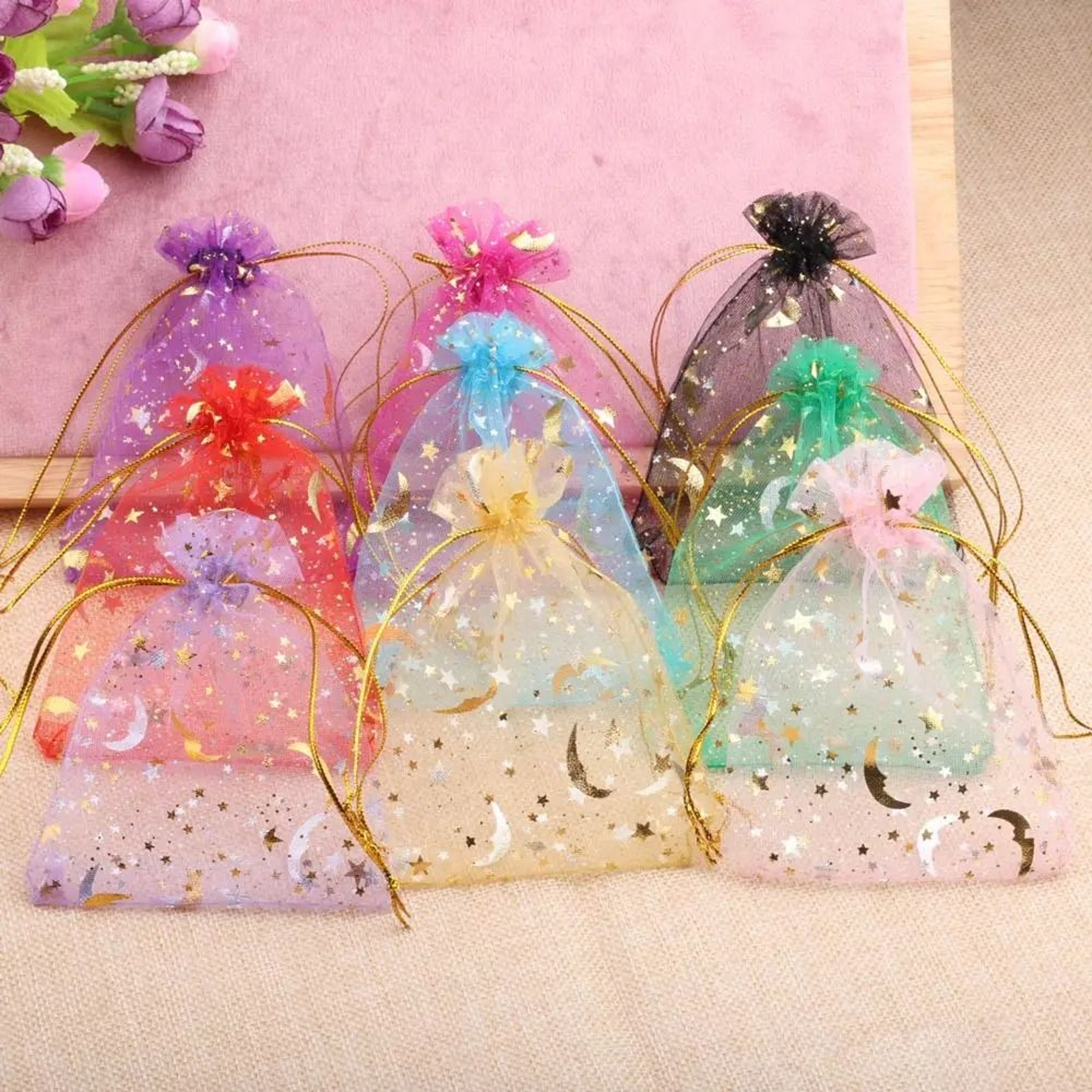 Gold Star Moon Organza Gift Drawstring Bags For Jewelry  Wedding Favors 3