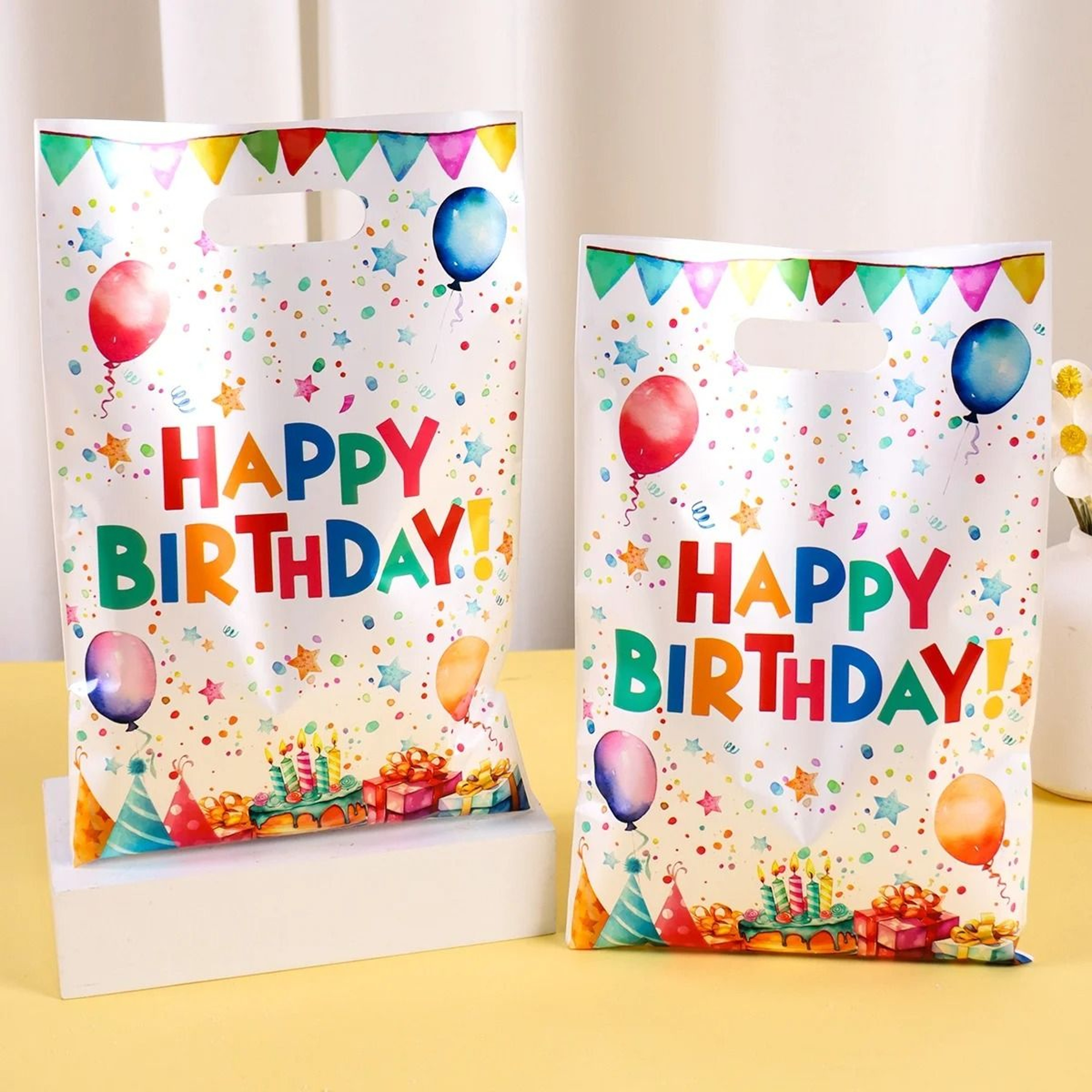 Happy Birthday Gift Bags Set Colorful Balloon Pattern Plastic Party Favor Tote Bags 0