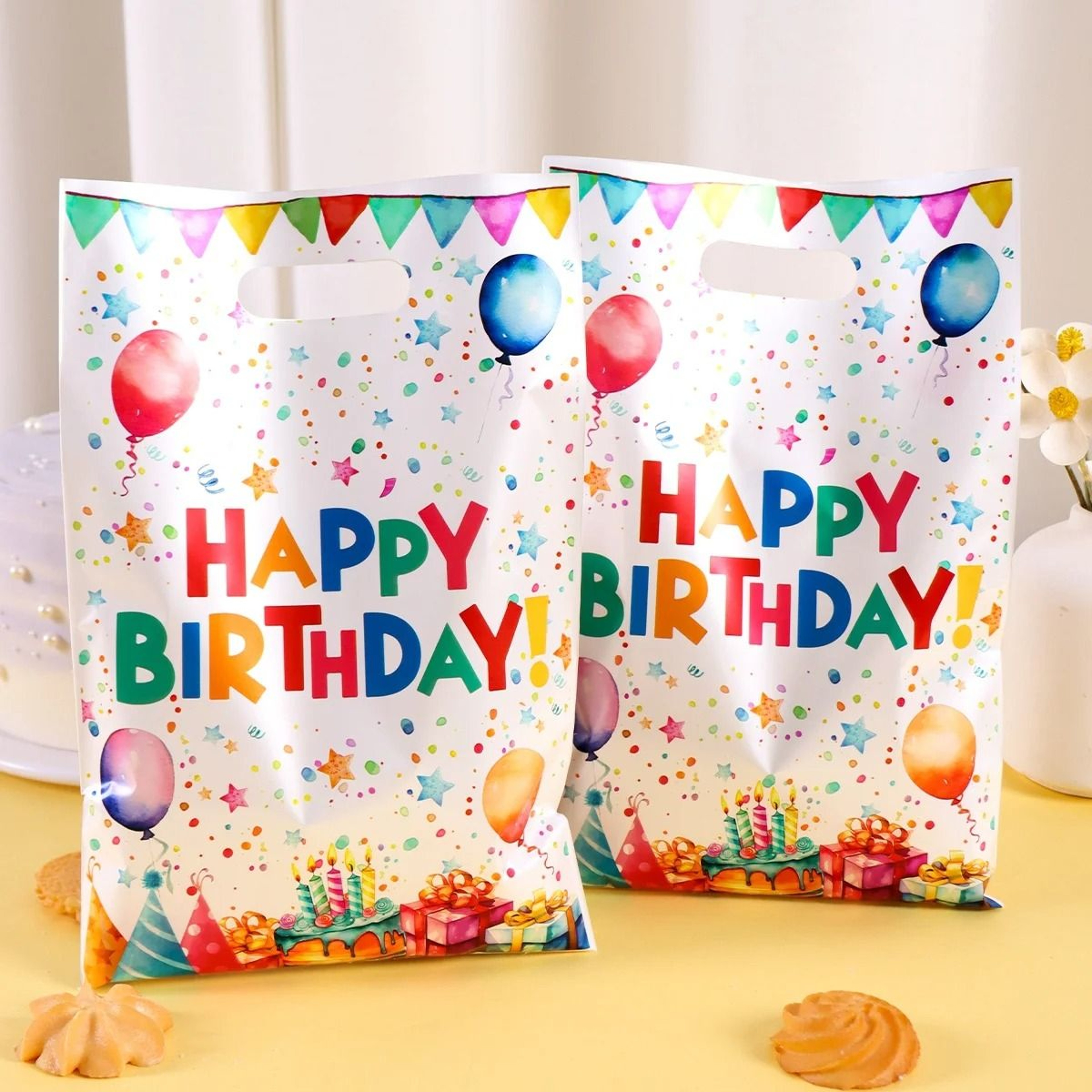 Happy Birthday Gift Bags Set Colorful Balloon Pattern Plastic Party Favor Tote Bags 3