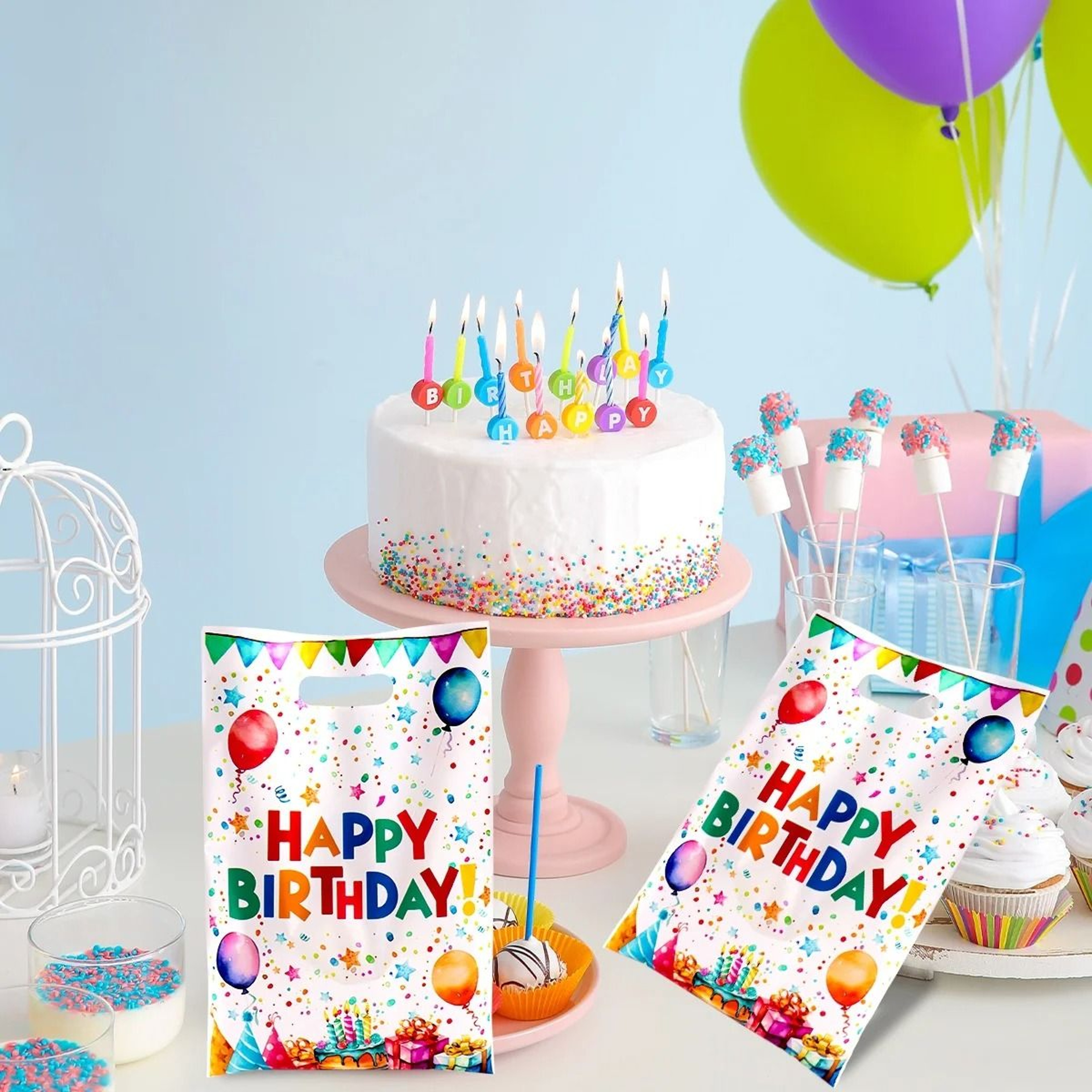 Happy Birthday Gift Bags Set Colorful Balloon Pattern Plastic Party Favor Tote Bags 5