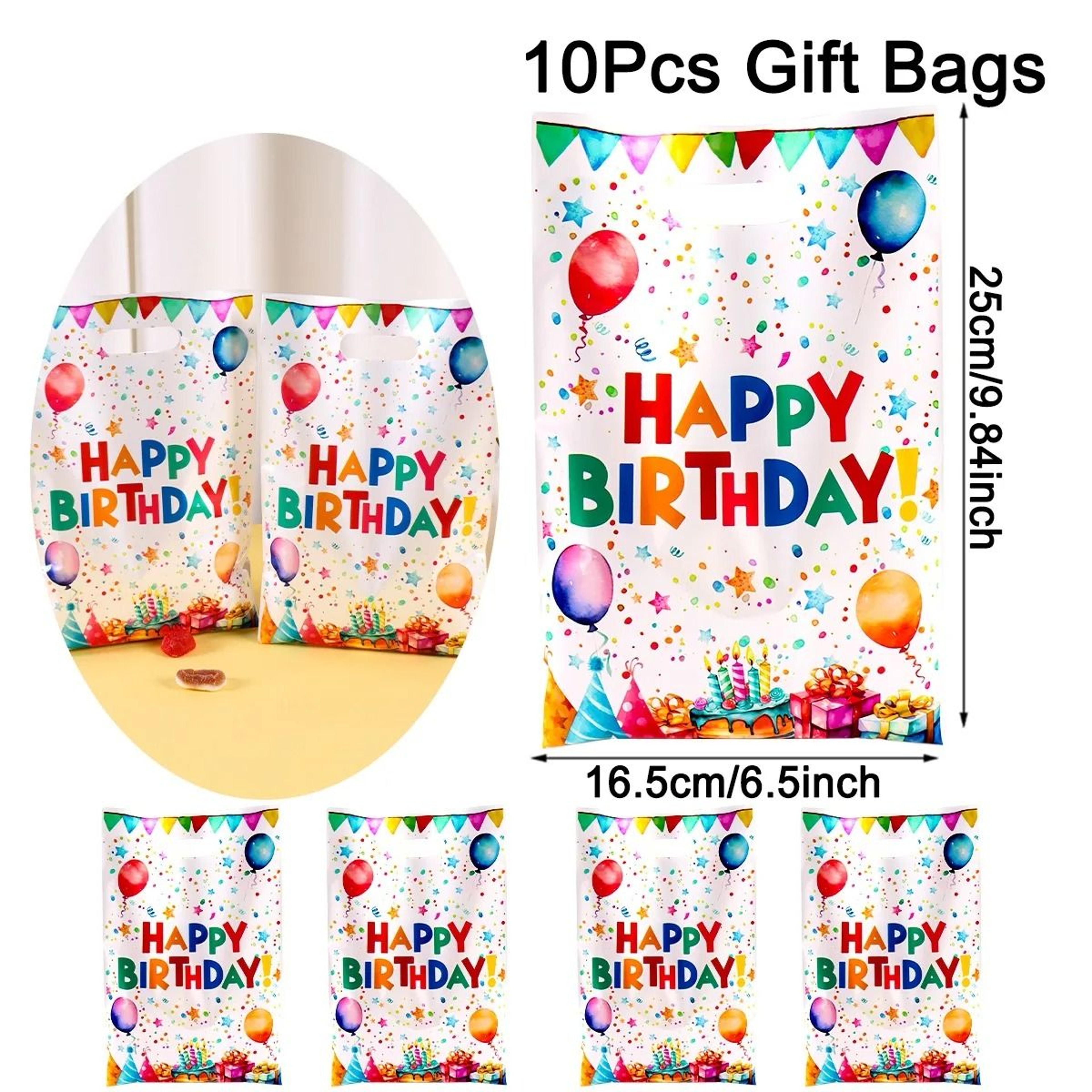 Happy Birthday Gift Bags Set Colorful Balloon Pattern Plastic Party Favor Tote Bags 7