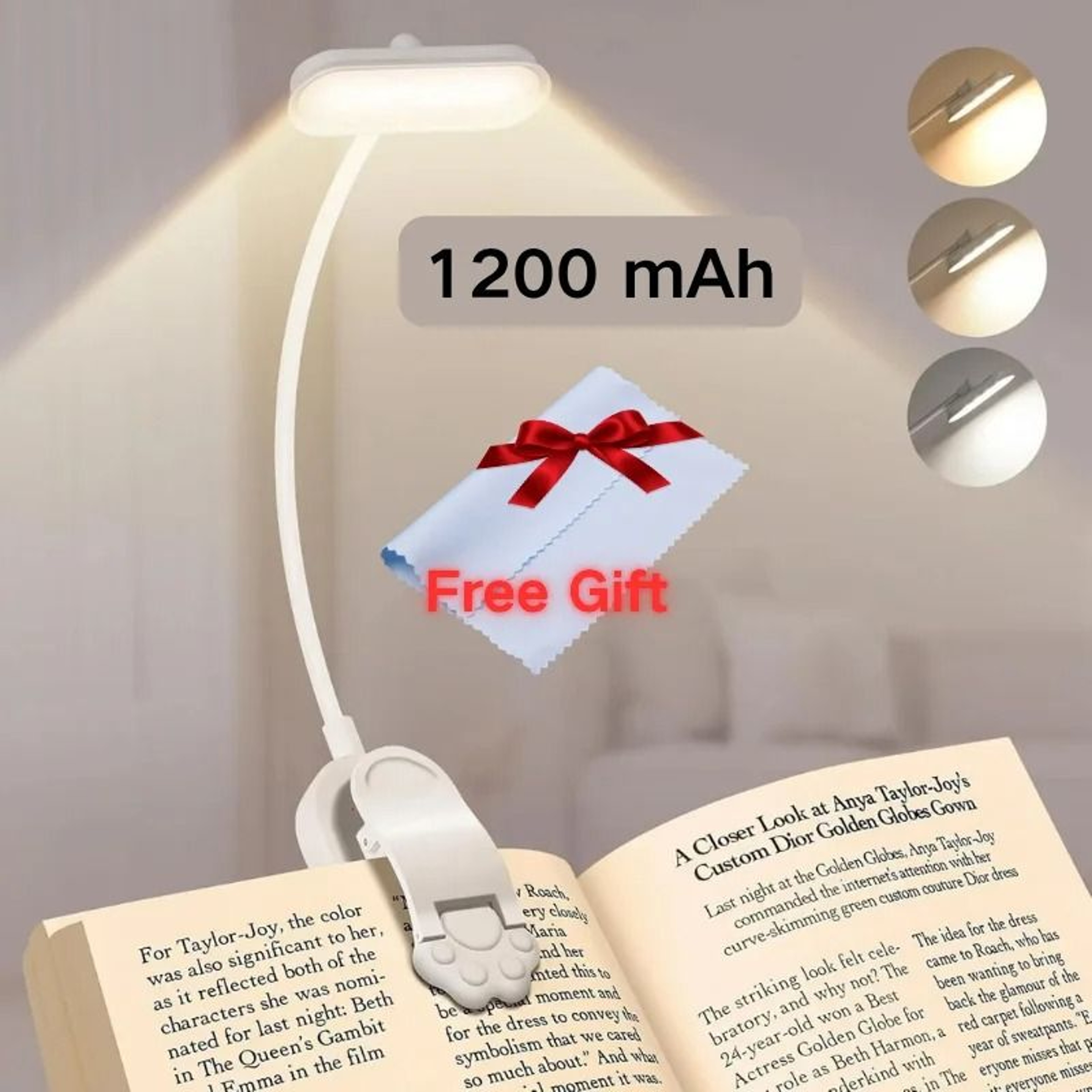 LED USB Rechargeable Book Light 3Color Mode ClipOn Reading Lamp With Flexible Gooseneck 12