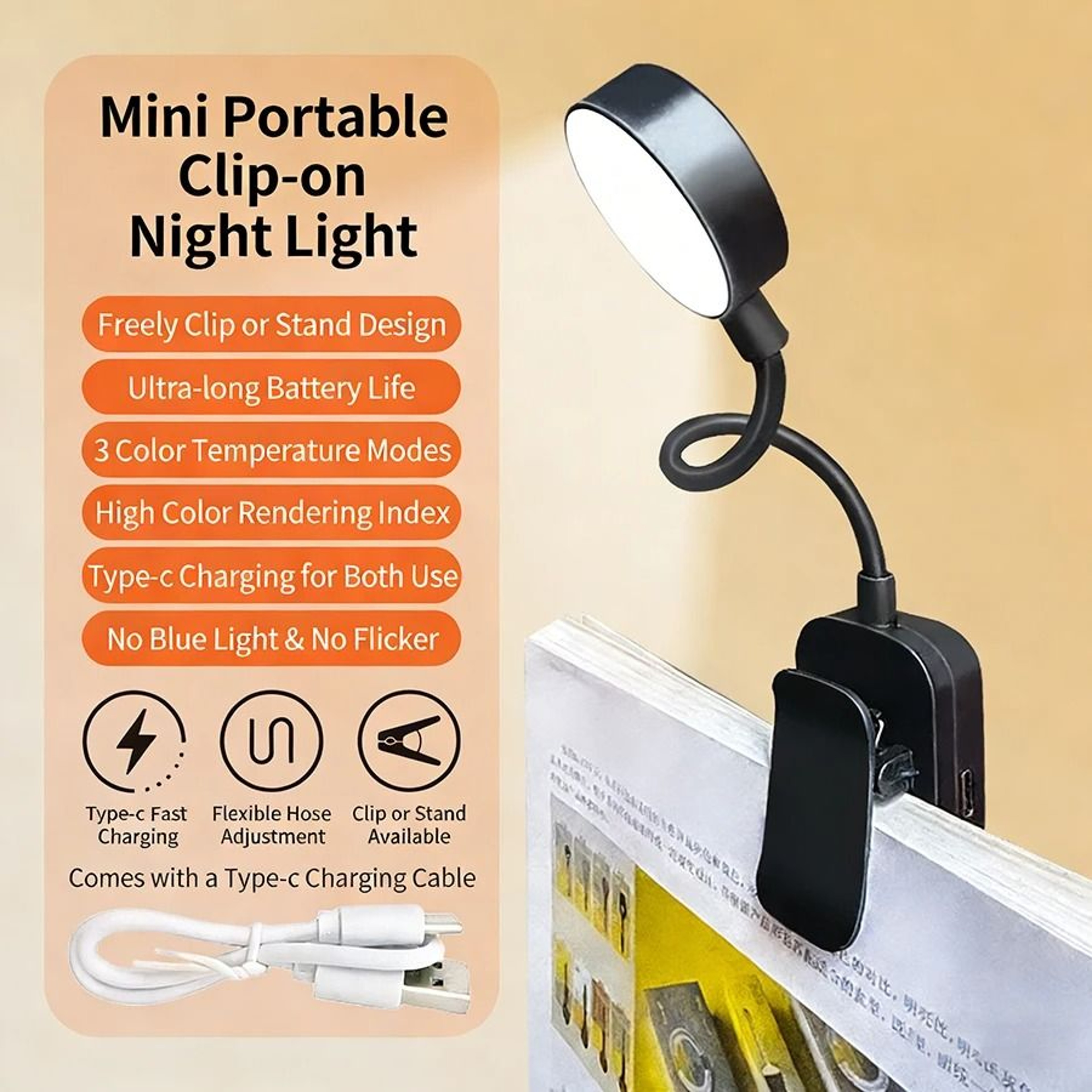 Mini LED ClipOn Reading Book Light 3 Modes USB Rechargeable Eye Protection Portable Lamp 7